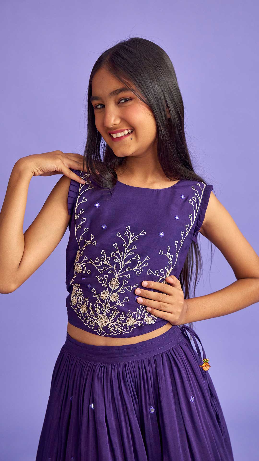 Pre Order: Dual Back Knot Detail Purple Top And Tassels Enhanced Lehenga