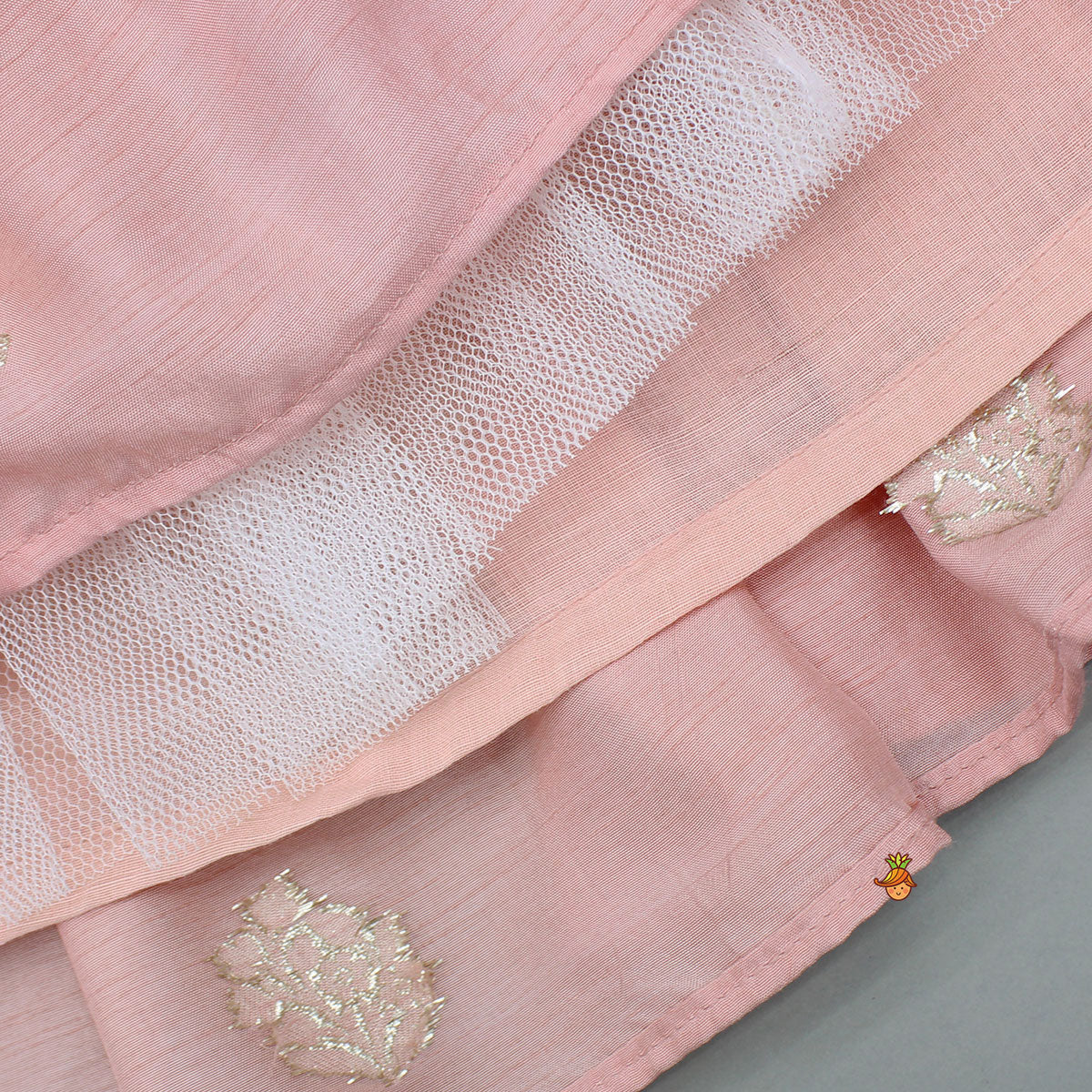 Pre Order: Gota Work Peach Ruffled Top And Tassels Enhanced Lehenga