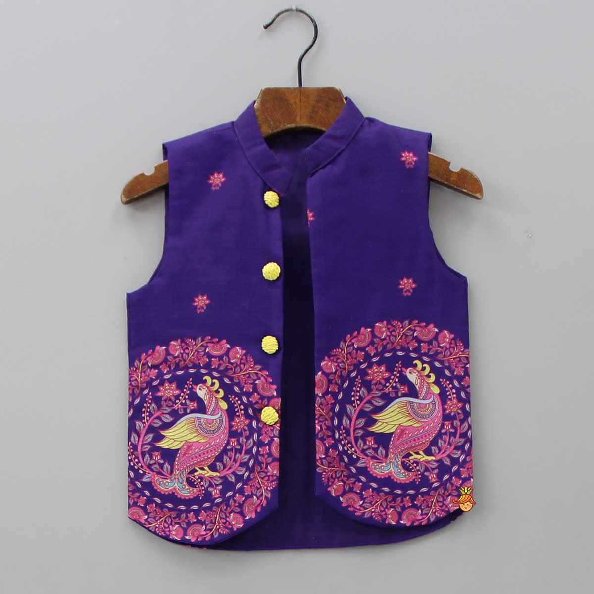 Pre Order: Purple Ethnic Kurta With Printed Open Jacket And White Pyjama
