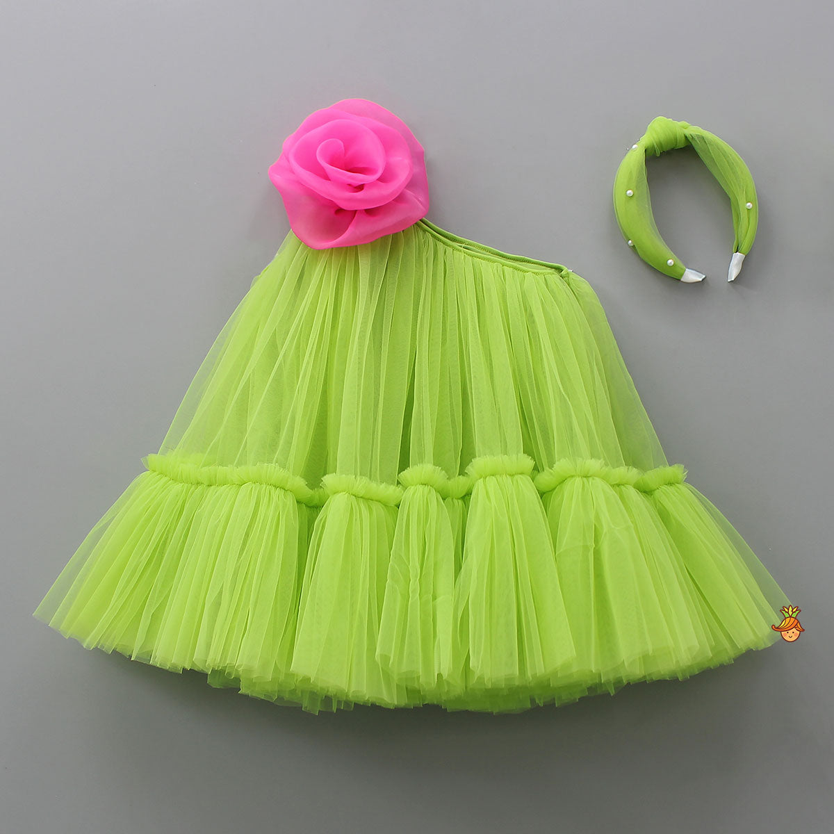 Pre Order: Contrasting Rose Adorned One Shoulder Green Dress With Matching Knot Detail Hair Band