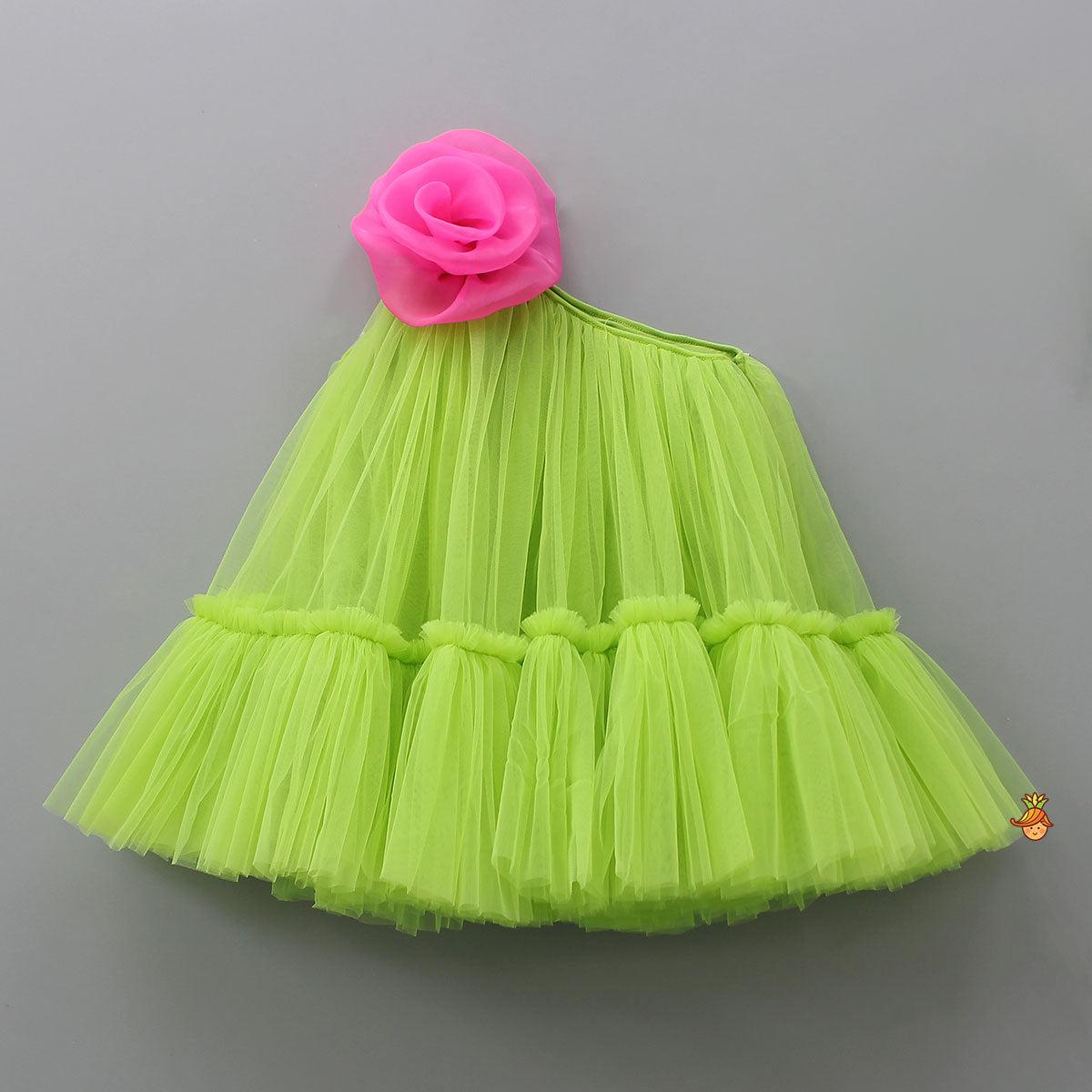 Pre Order: Contrasting Rose Adorned One Shoulder Green Dress With Matching Knot Detail Hair Band