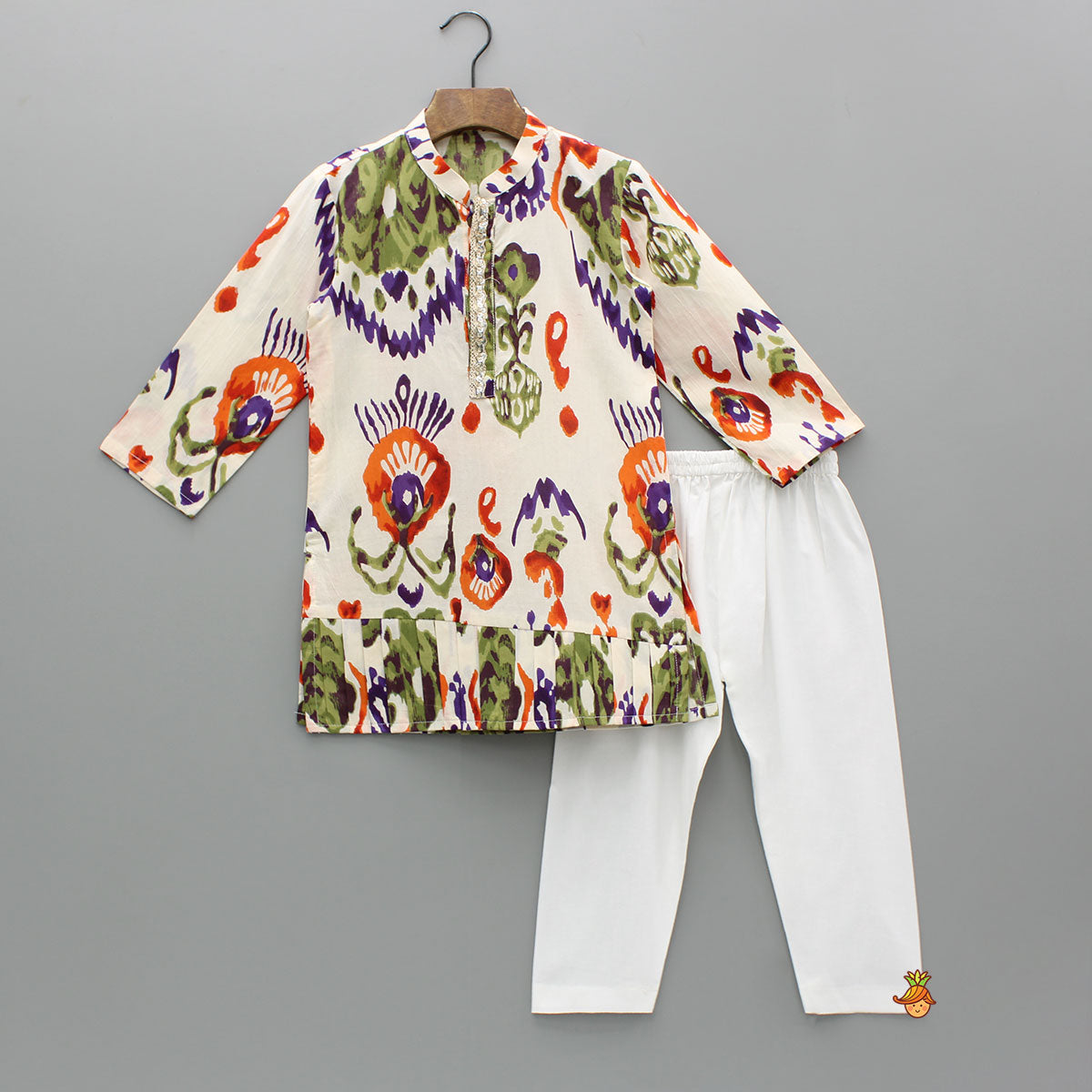 Pre Order: Pleated Hem Multicolour Printed Kurta And Pyjama