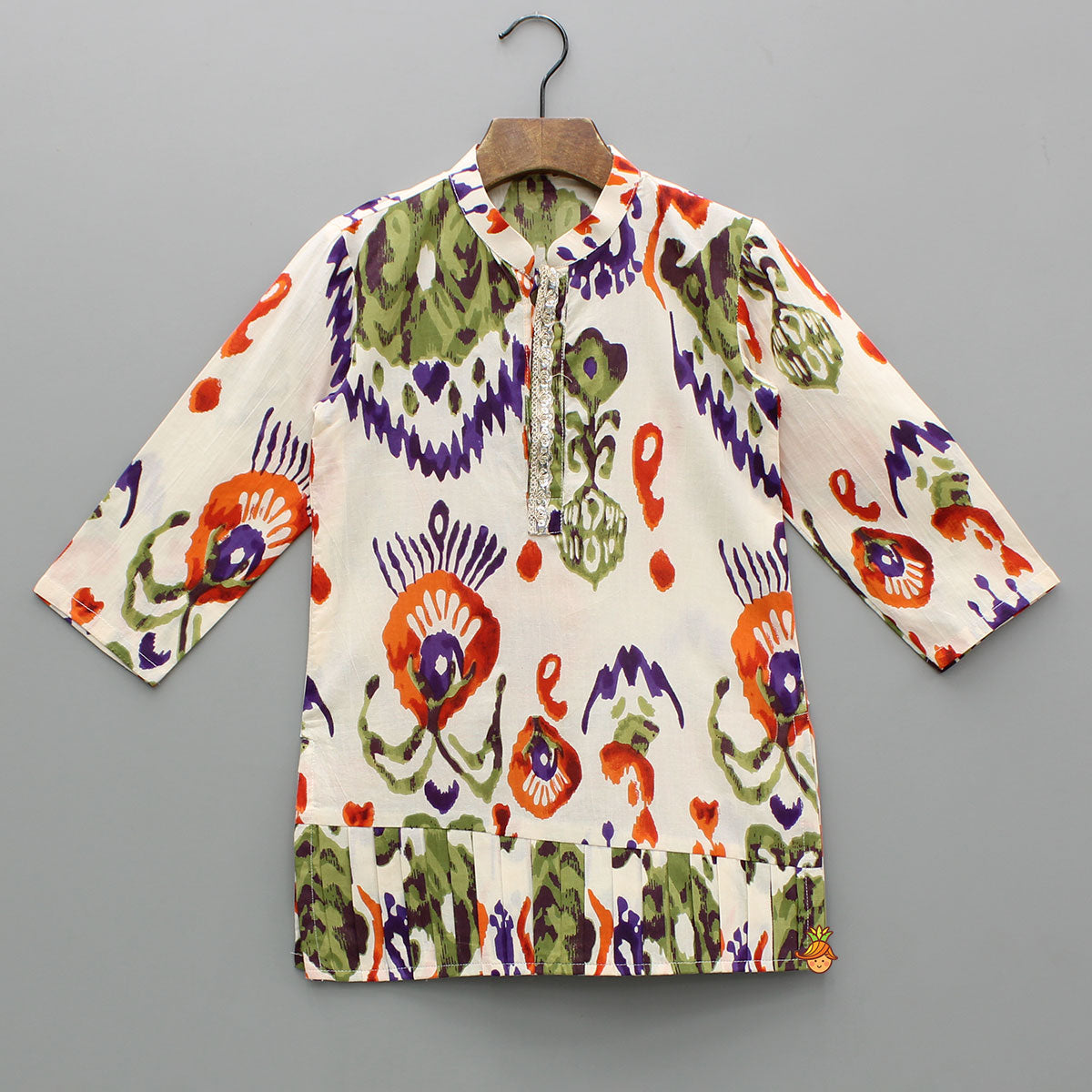 Pre Order: Pleated Hem Multicolour Printed Kurta And Pyjama