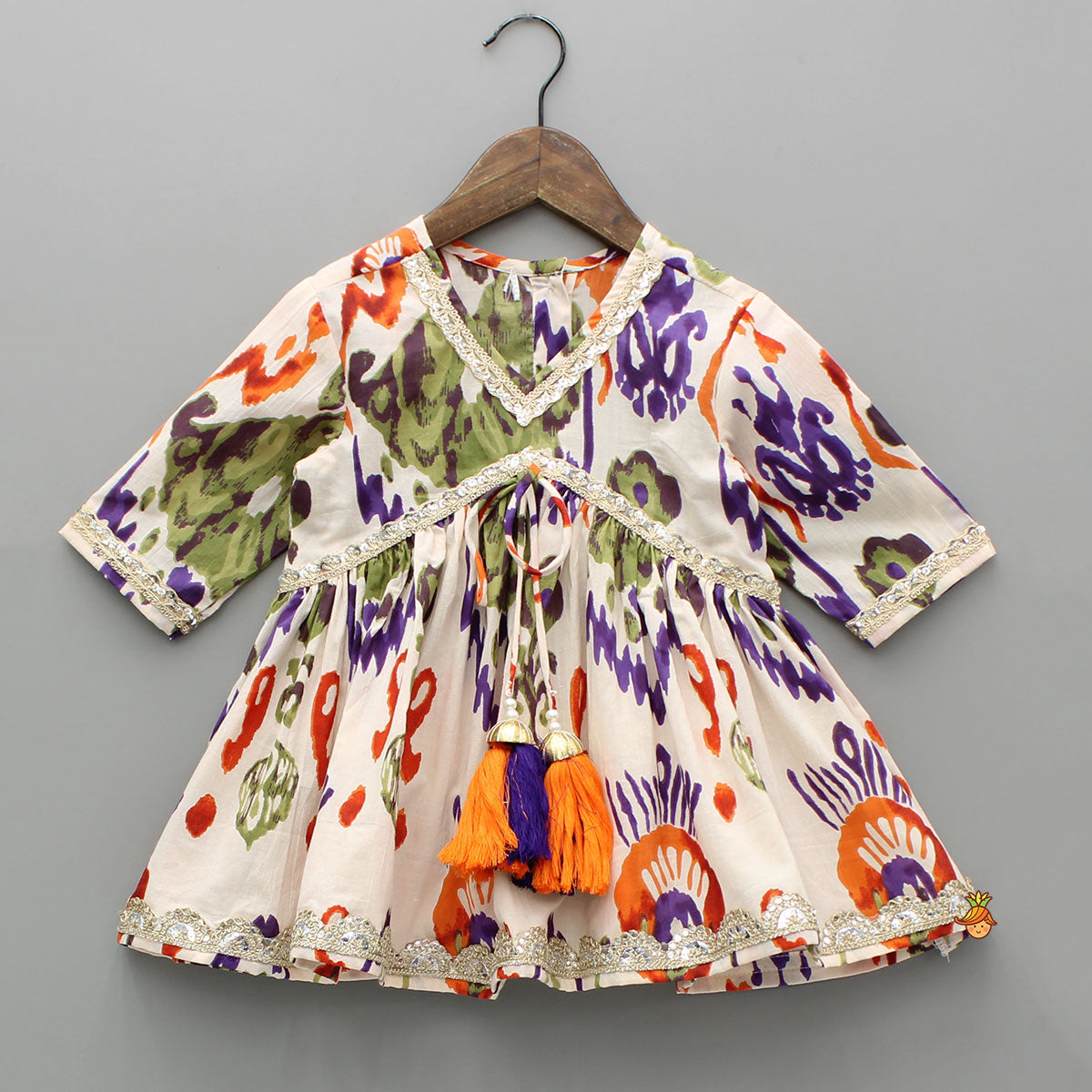 Pre Order: Tassels Enhanced Multicolour Printed Kurti And Sharara With Scalloped Lace Detail Dupatta