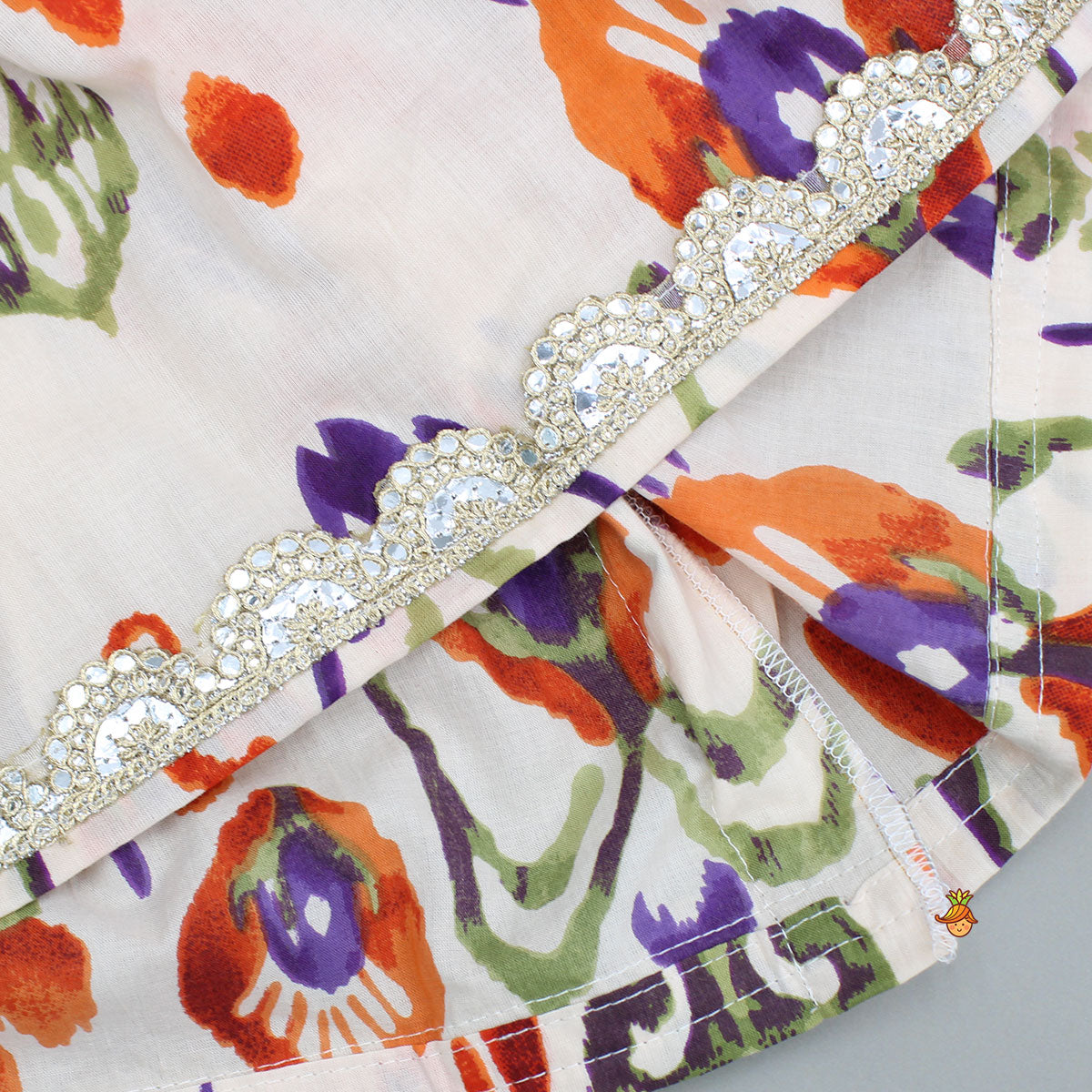 Pre Order: Tassels Enhanced Multicolour Printed Kurti And Sharara With Scalloped Lace Detail Dupatta