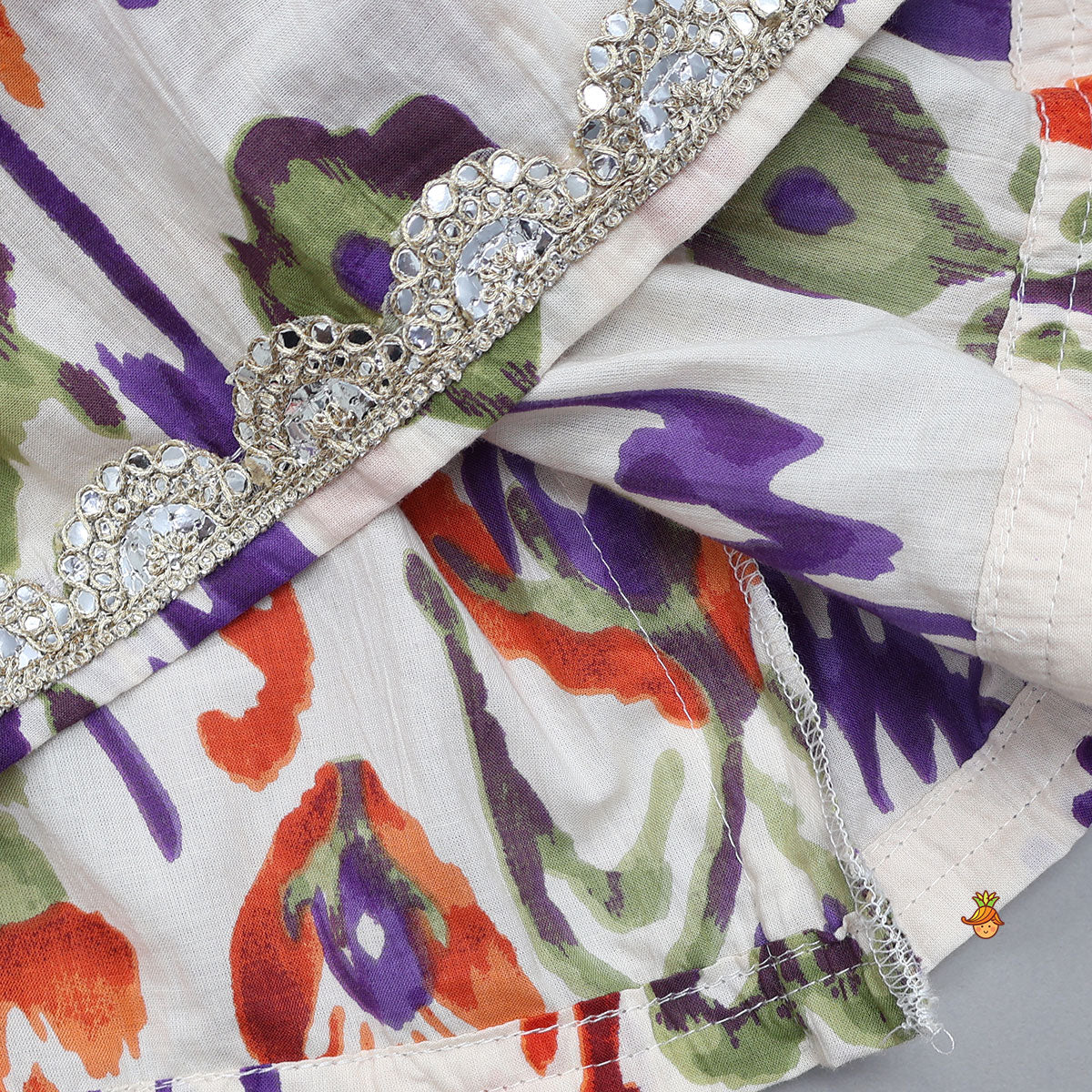 Pre Order: Tassels Enhanced Multicolour Printed Kurti And Sharara With Scalloped Lace Detail Dupatta