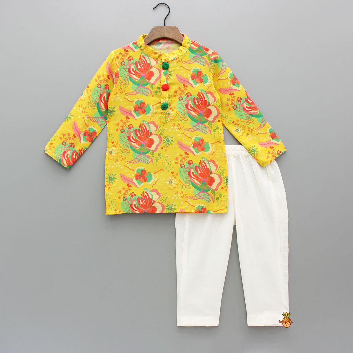 Pre Order: Pom Poms Adorned Yellow Kurta And Pockets Detail Pyjama