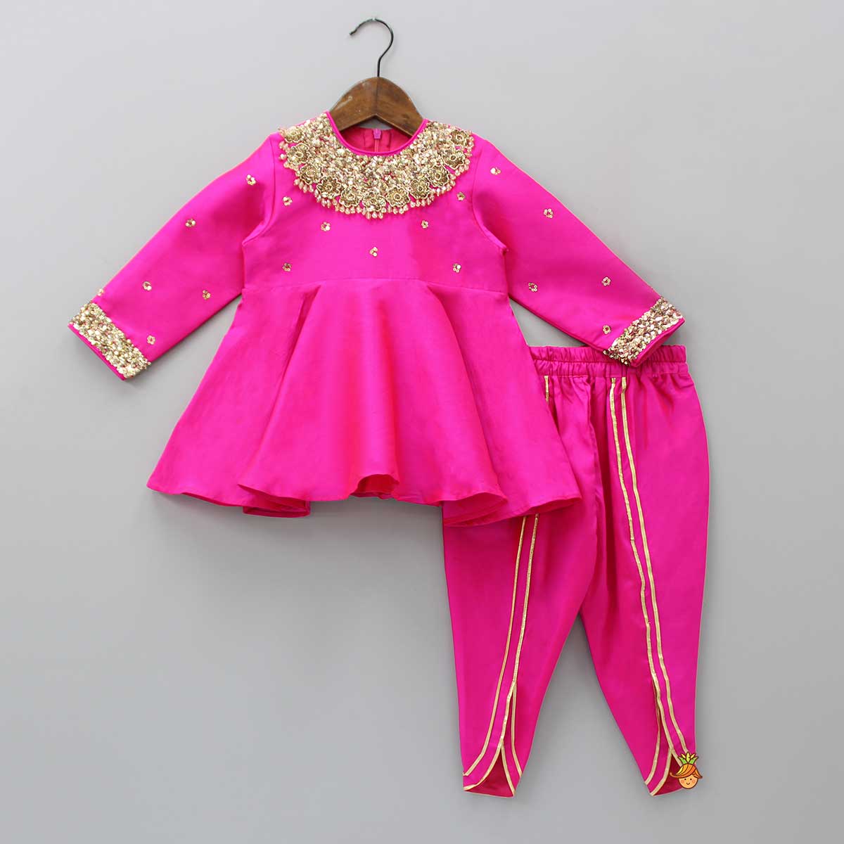 Heavy Embroidered Neckline Pink Kurti And Dhoti With Dupatta