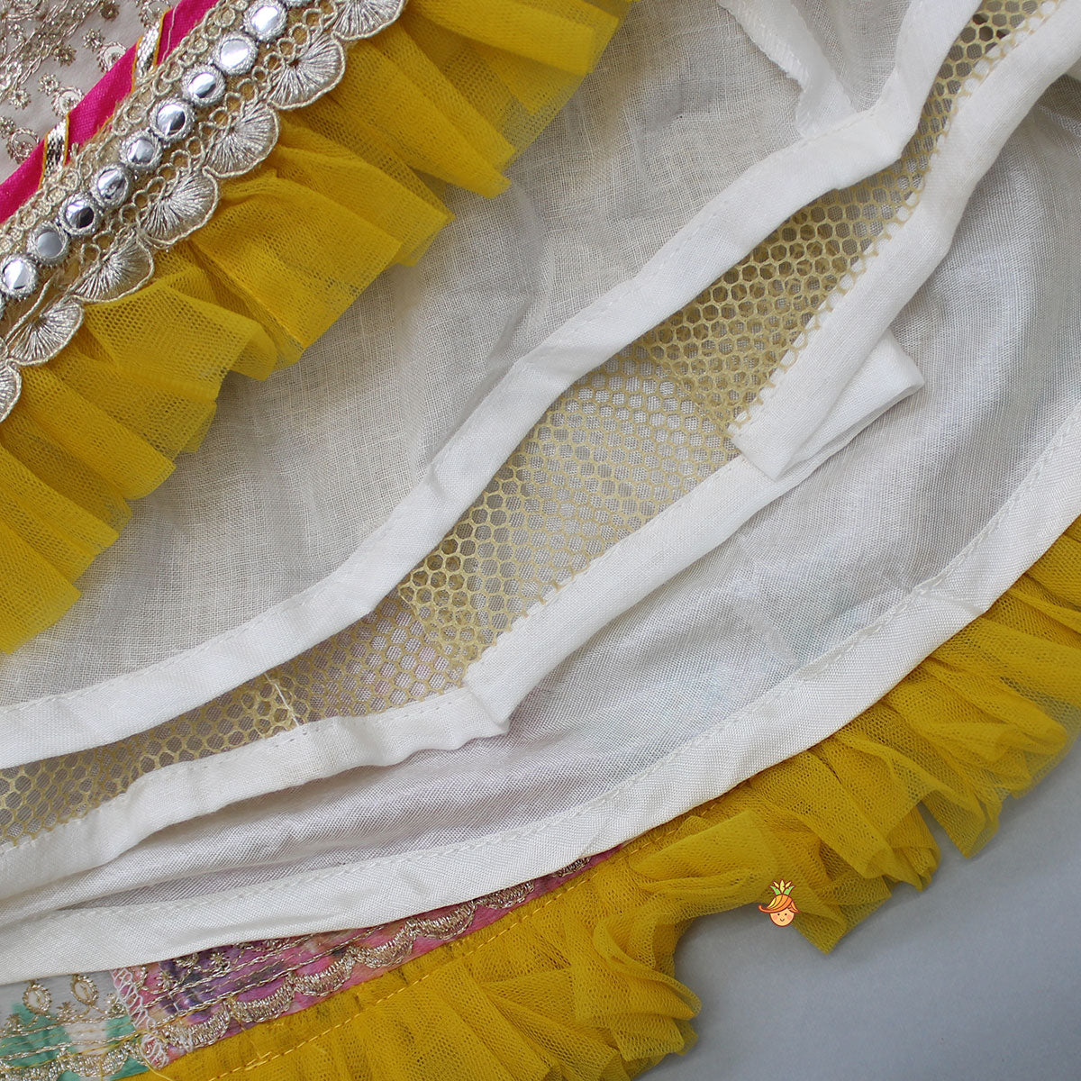 Pre Order: Gota Floral Work Front Open Green Top And Printed Lehenga With Dupatta