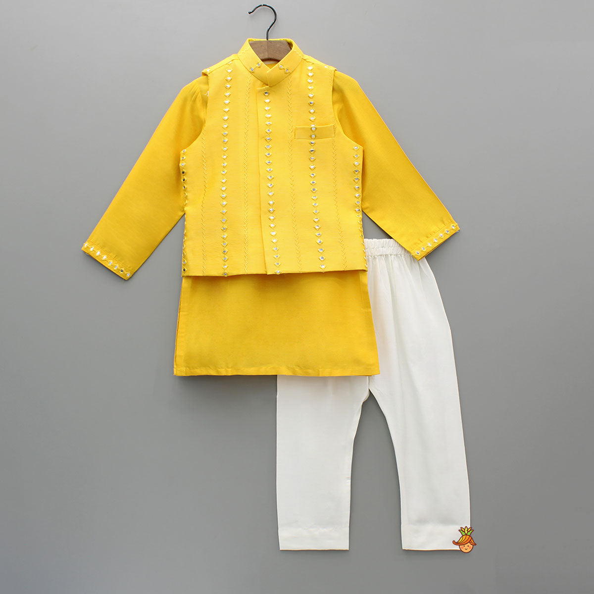 Pre Order: Faux Mirror Work Front Placket Yellow Kurta With Pocket Detail Jacket And Pyjama