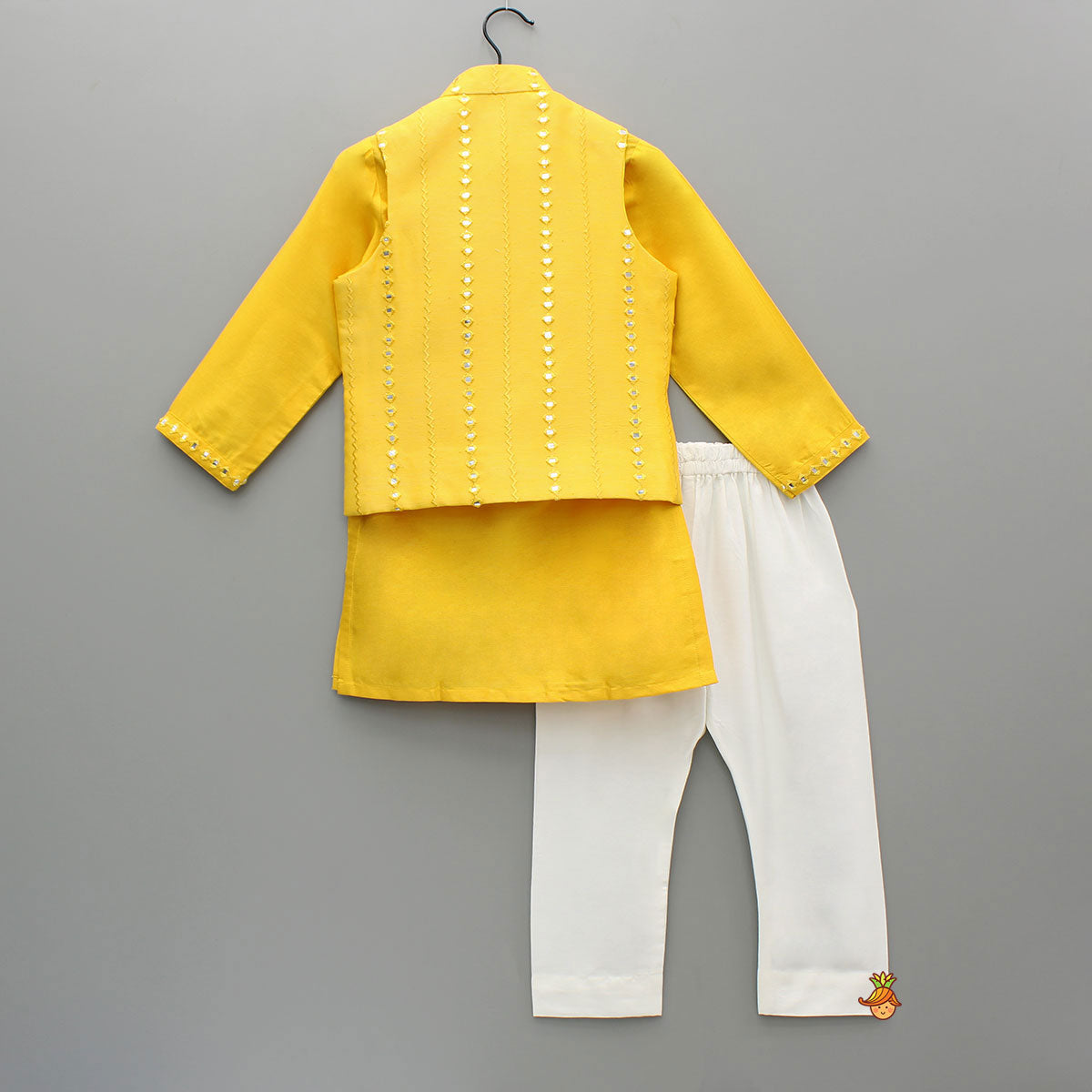 Pre Order: Faux Mirror Work Front Placket Yellow Kurta With Pocket Detail Jacket And Pyjama
