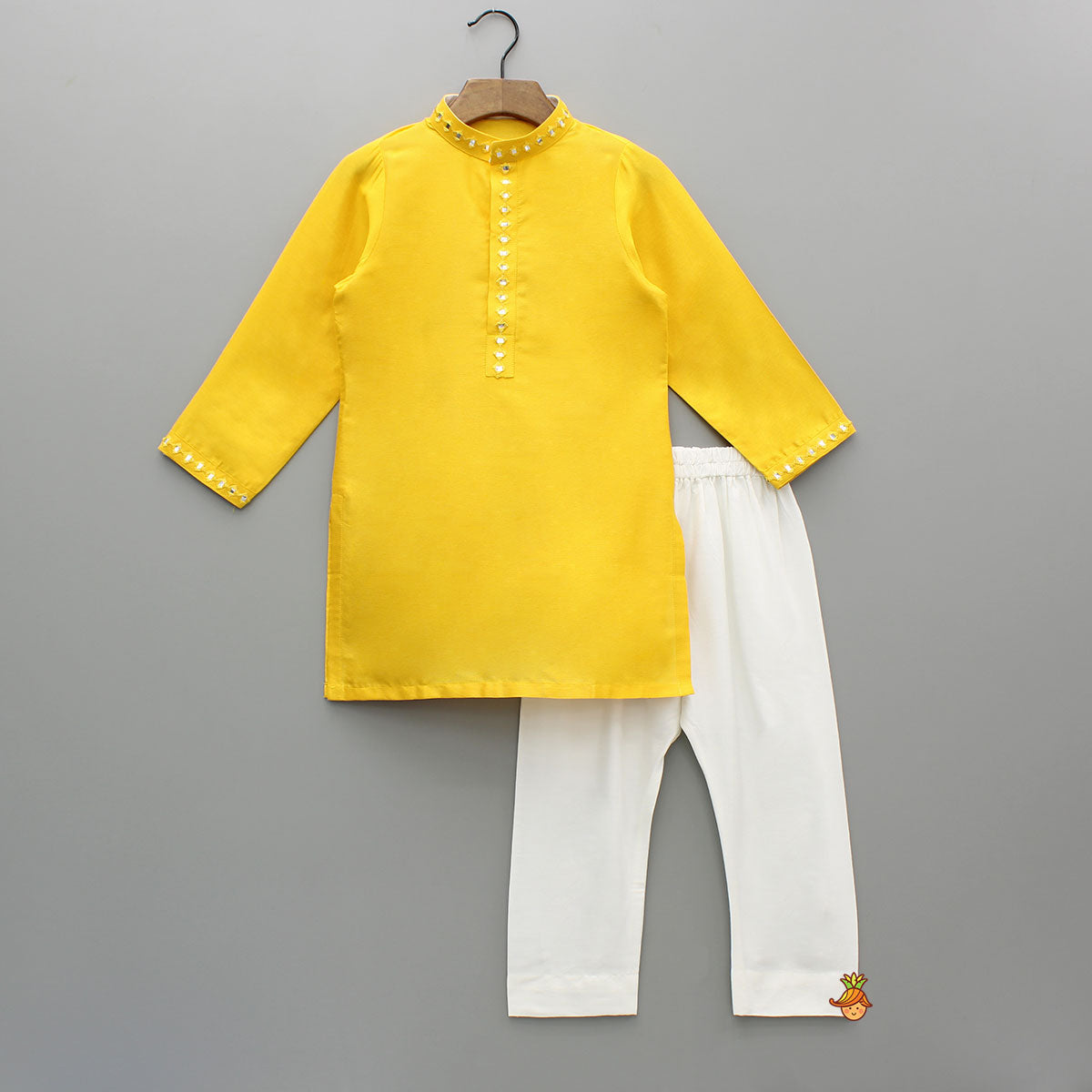Pre Order: Faux Mirror Work Front Placket Yellow Kurta With Pocket Detail Jacket And Pyjama