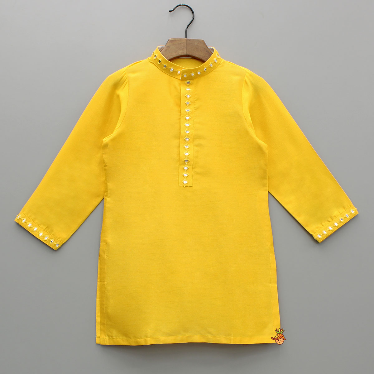 Pre Order: Faux Mirror Work Front Placket Yellow Kurta With Pocket Detail Jacket And Pyjama