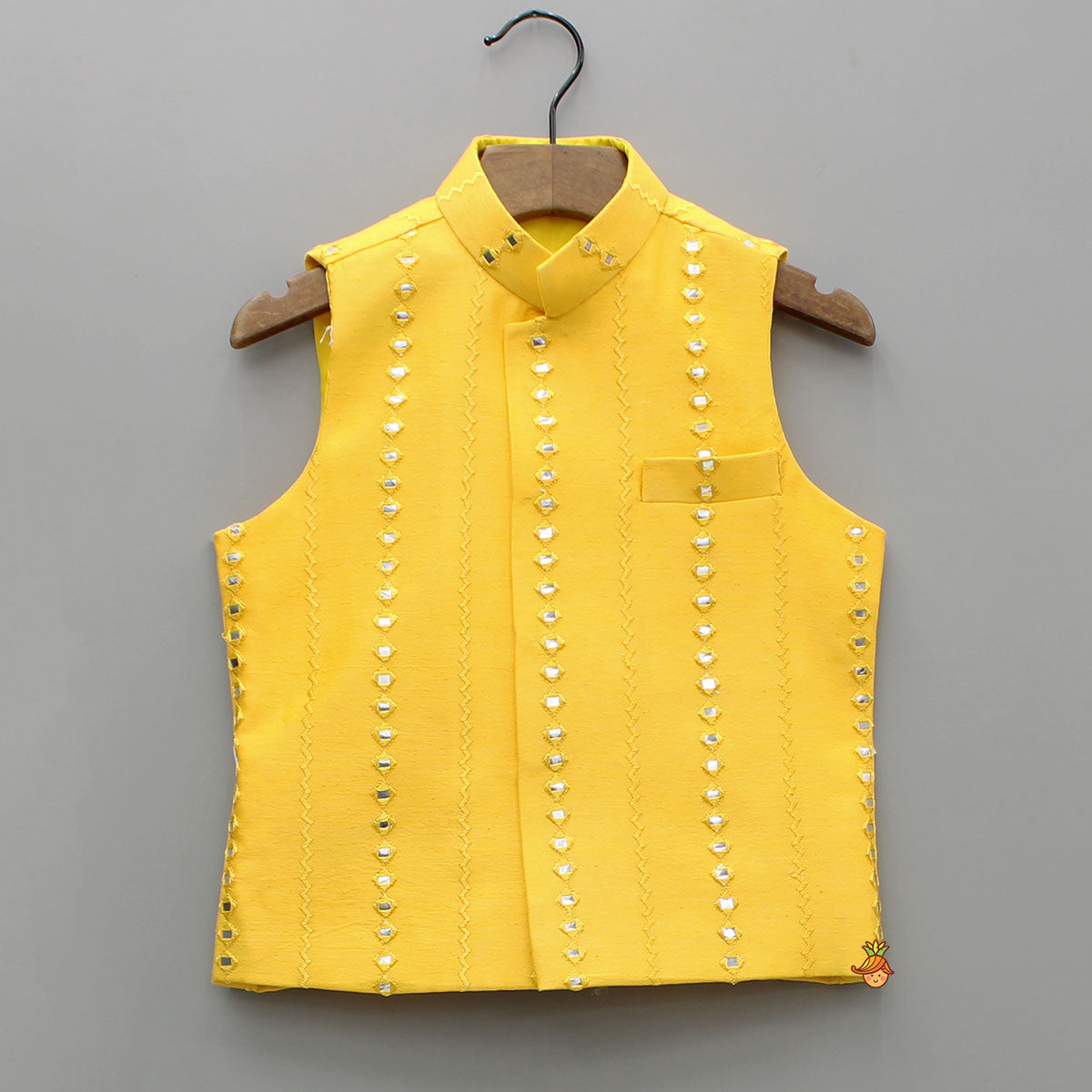 Pre Order: Faux Mirror Work Front Placket Yellow Kurta With Pocket Detail Jacket And Pyjama