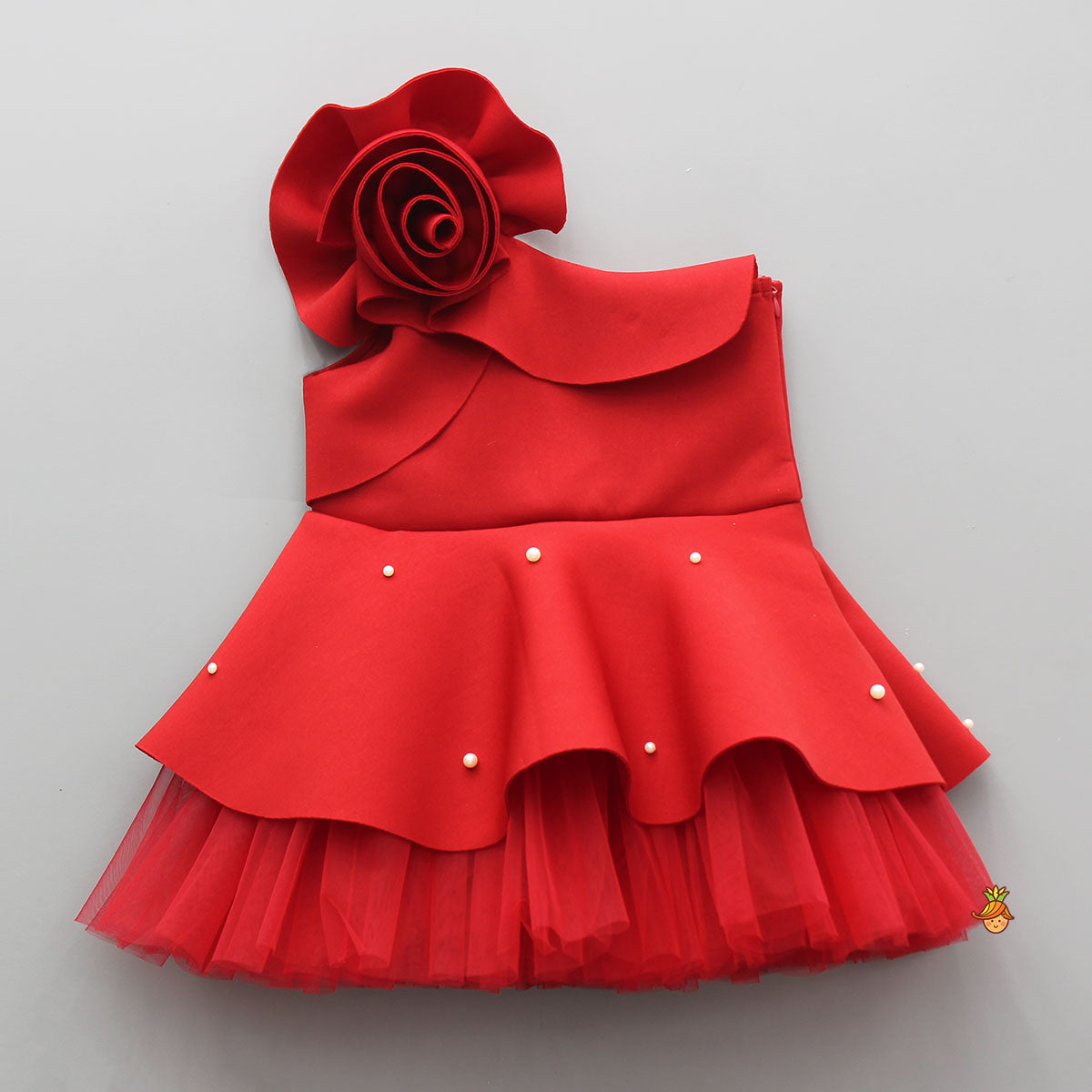 Pre Order: Rose Embellished Frilly Red Scuba Dress