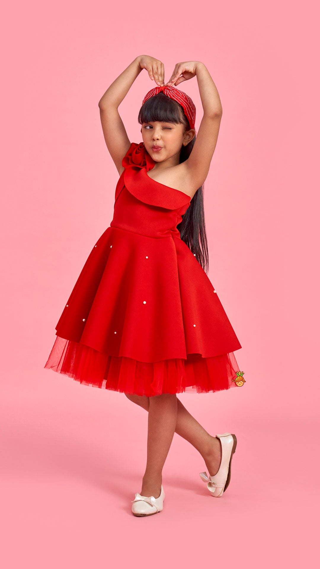 Pre Order: Rose Embellished Frilly Red Scuba Dress