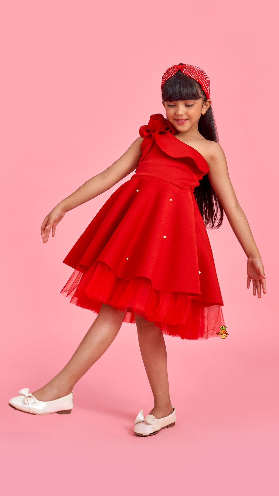 Pre Order: Rose Embellished Frilly Red Scuba Dress