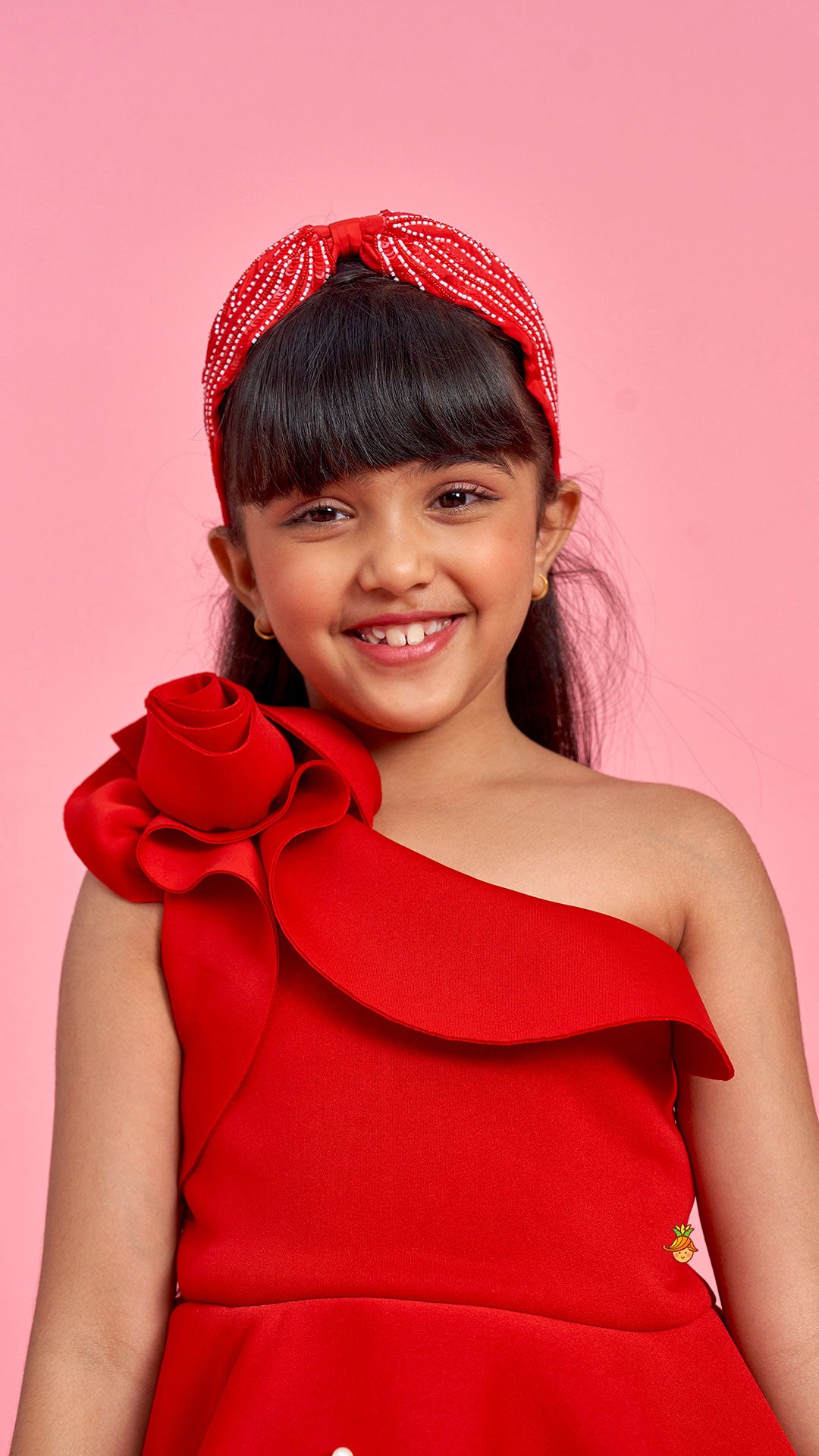 Pre Order: Rose Embellished Frilly Red Scuba Dress