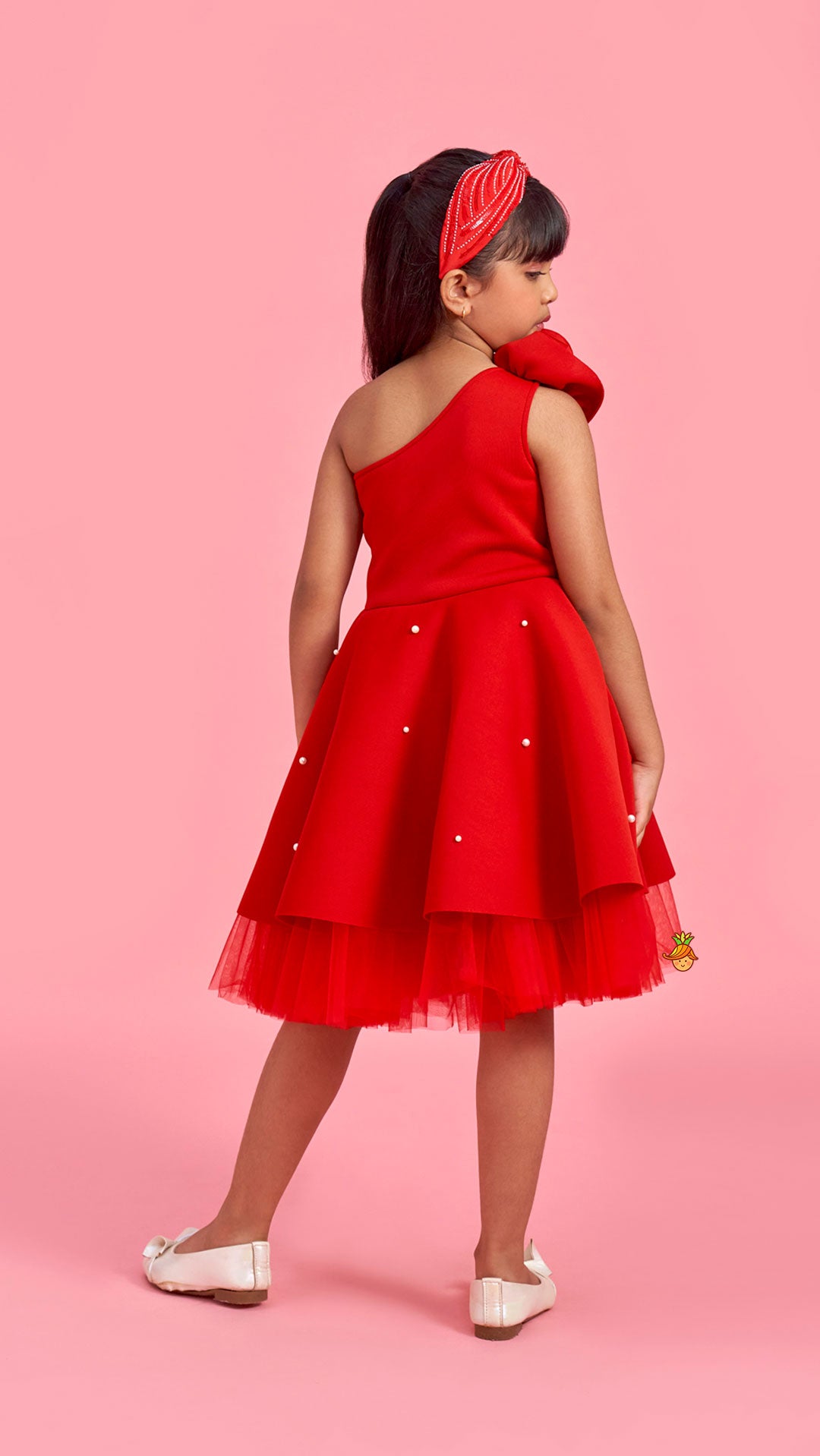 Pre Order: Rose Embellished Frilly Red Scuba Dress