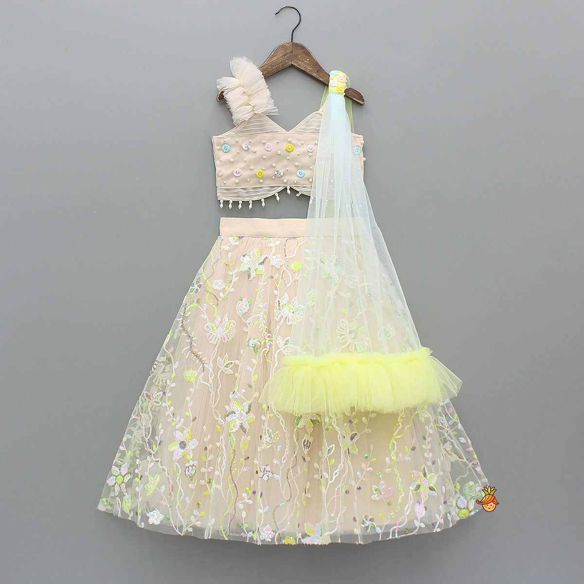 Pre Order: Spaghetti Straps Beige Top And Net Embroidered Lehenga With Dual Tone Stylish Dupatta