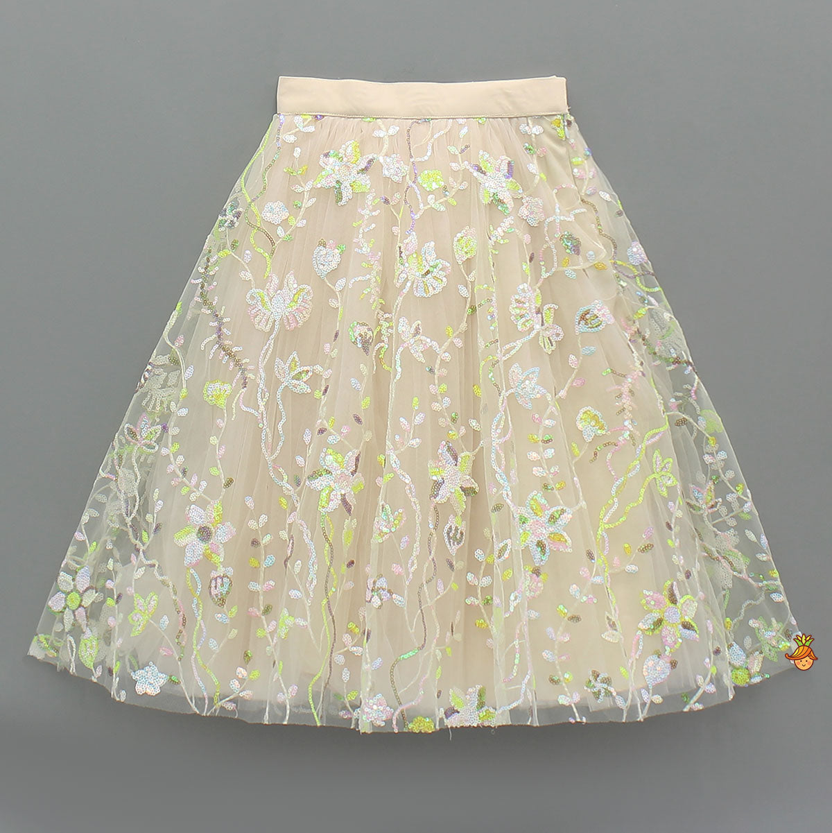 Pre Order: Spaghetti Straps Beige Top And Net Embroidered Lehenga With Dual Tone Stylish Dupatta