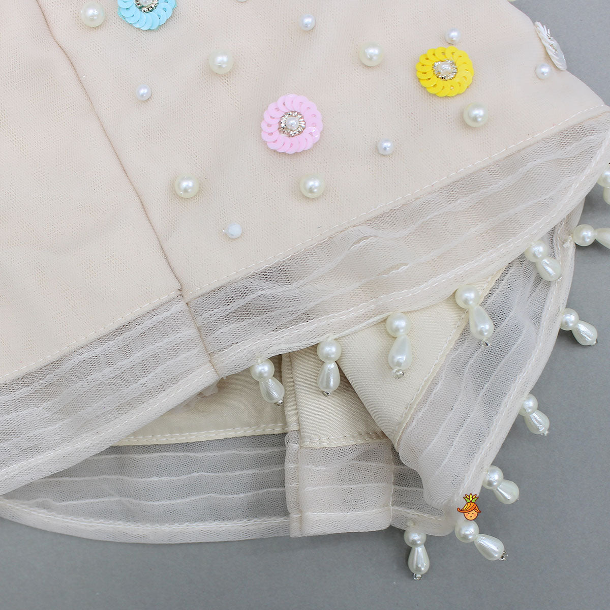 Pre Order: Spaghetti Straps Beige Top And Net Embroidered Lehenga With Dual Tone Stylish Dupatta