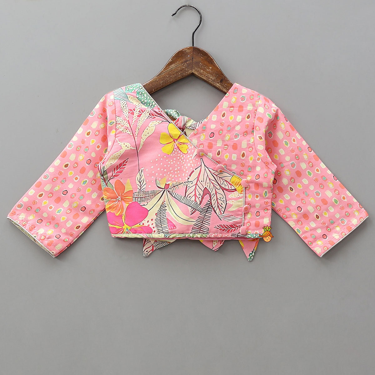 Pre Order: Buttons Adorned Pink Top And Scalloped Lace Work Floral Lehenga