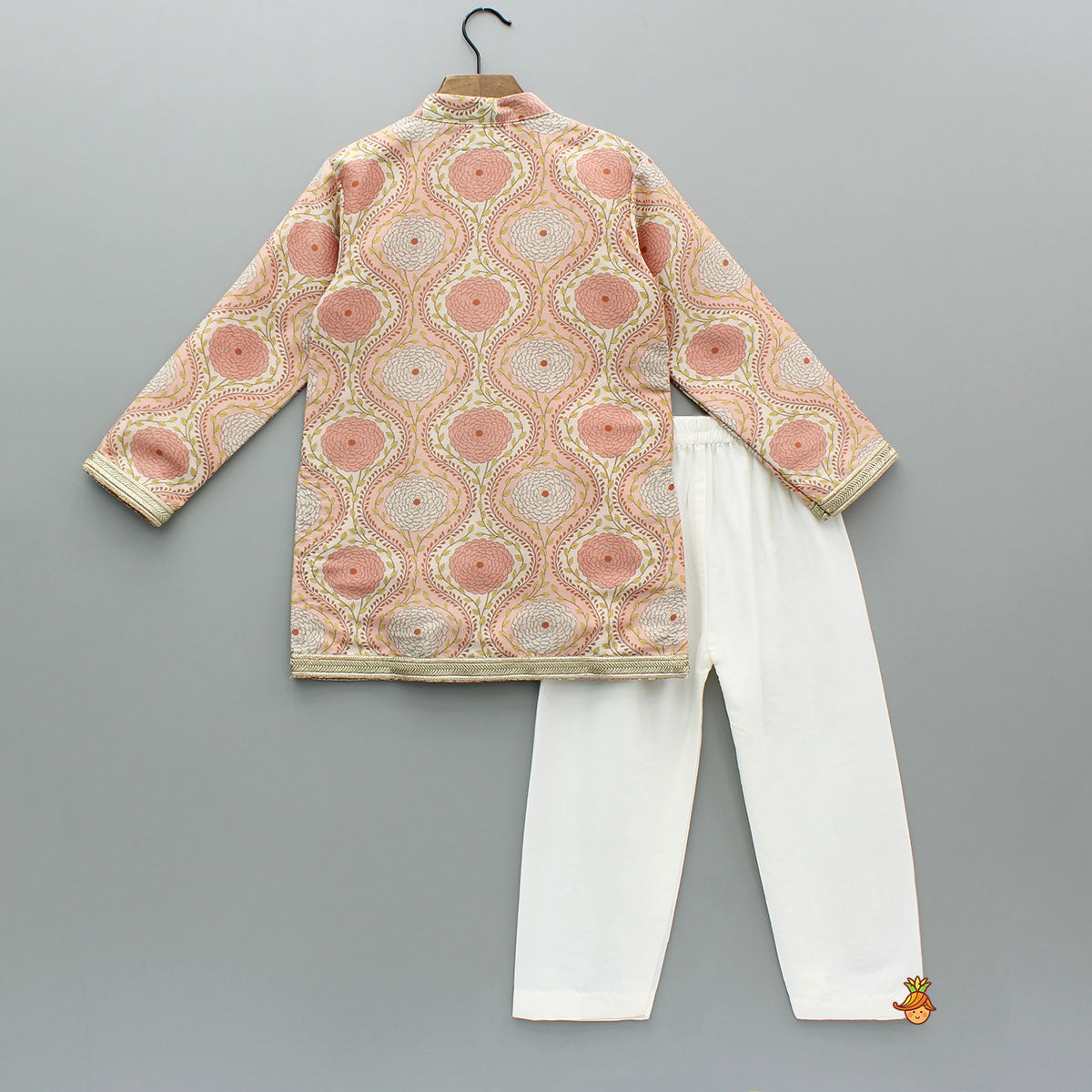 Pre Order: Double Layered Flap Peach Ethnic Kurta And Off White Pyjama