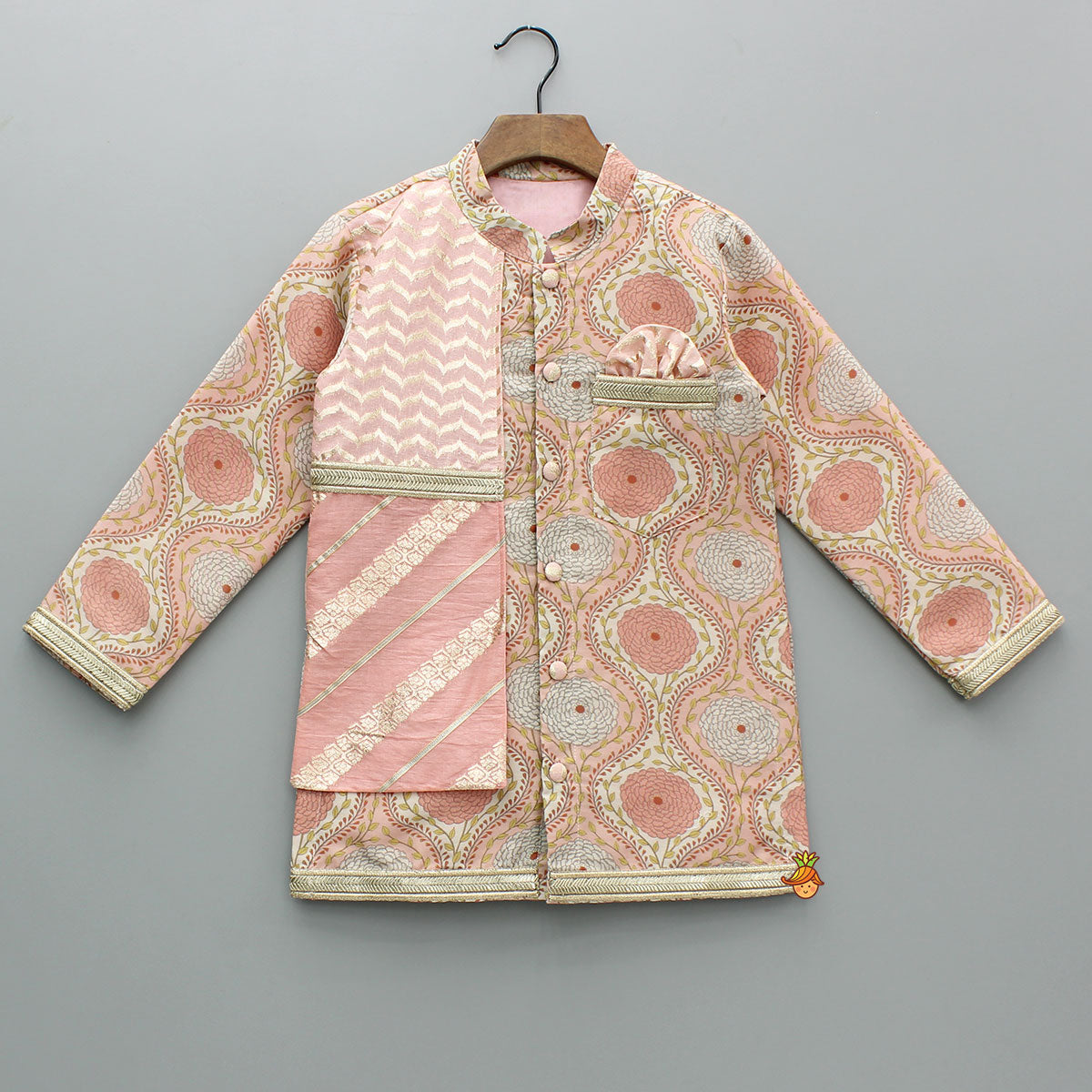 Pre Order: Double Layered Flap Peach Ethnic Kurta And Off White Pyjama
