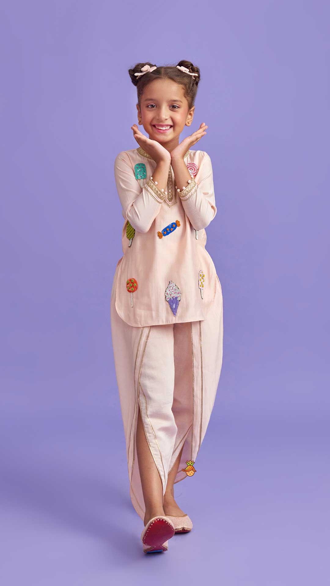 Pre Order: Candies Embroidered Peach Kurti And Tulip Pant With Organza Ruffle Dupatta