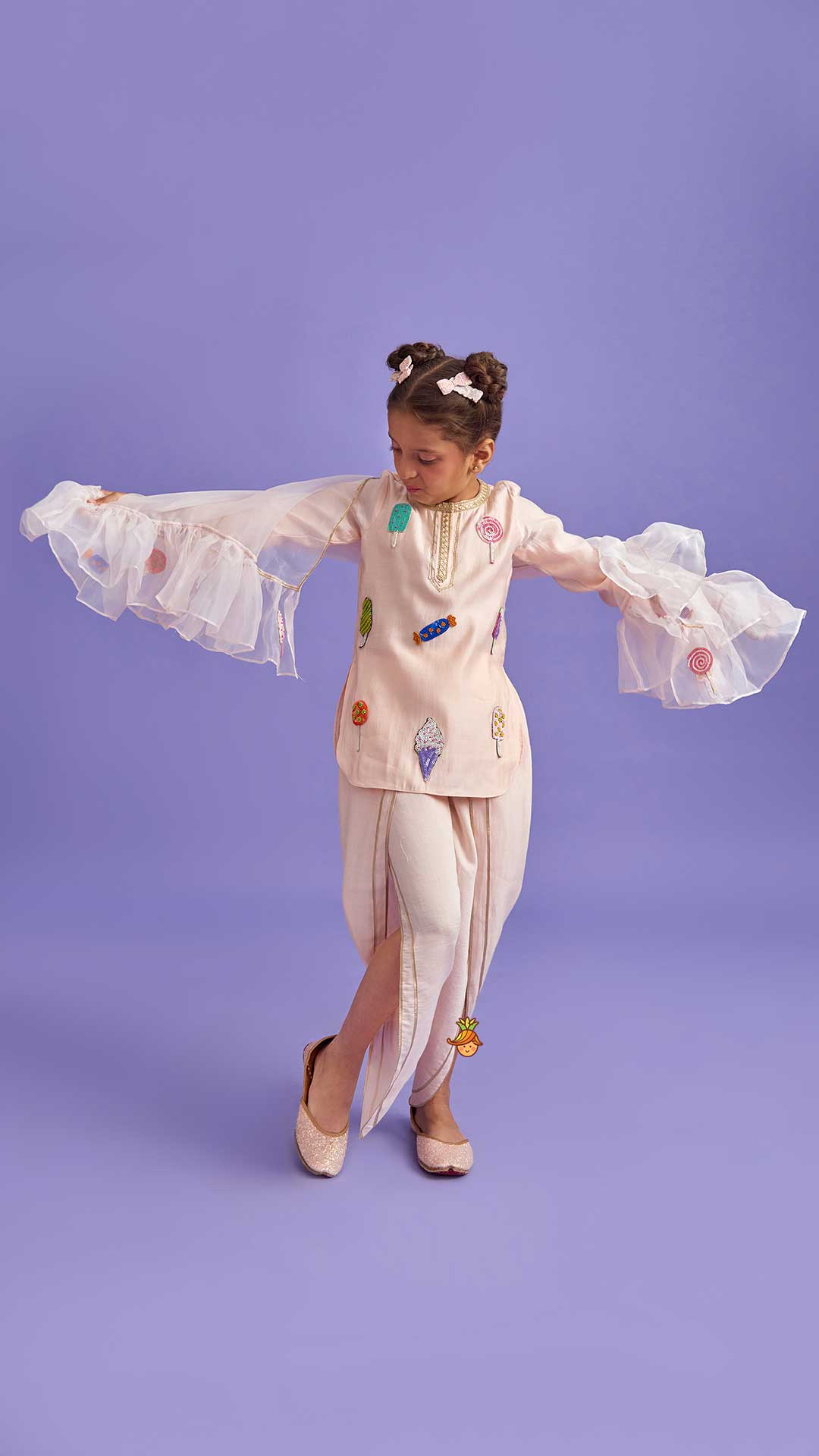 Pre Order: Candies Embroidered Peach Kurti And Tulip Pant With Organza Ruffle Dupatta