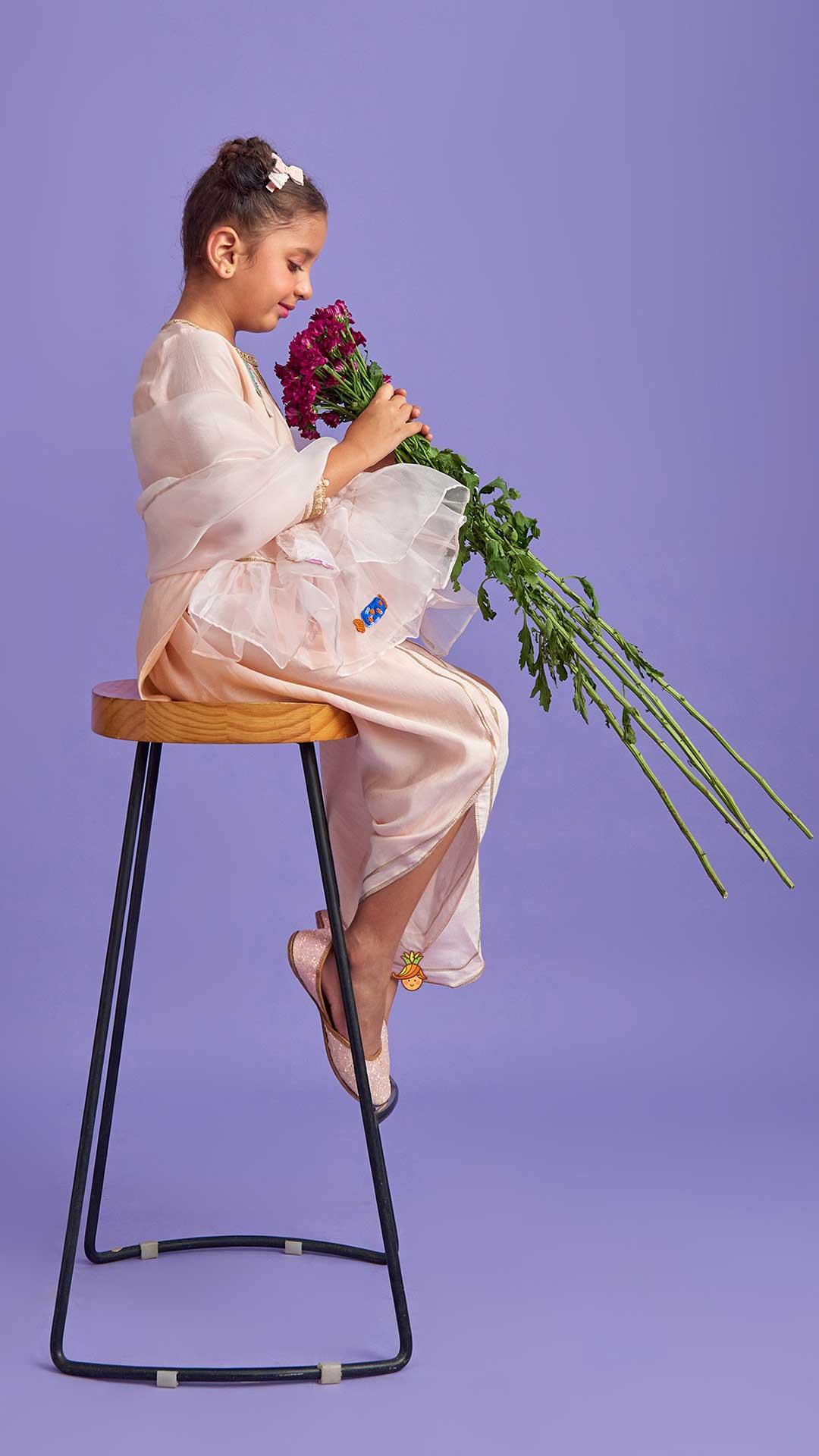 Pre Order: Candies Embroidered Peach Kurti And Tulip Pant With Organza Ruffle Dupatta