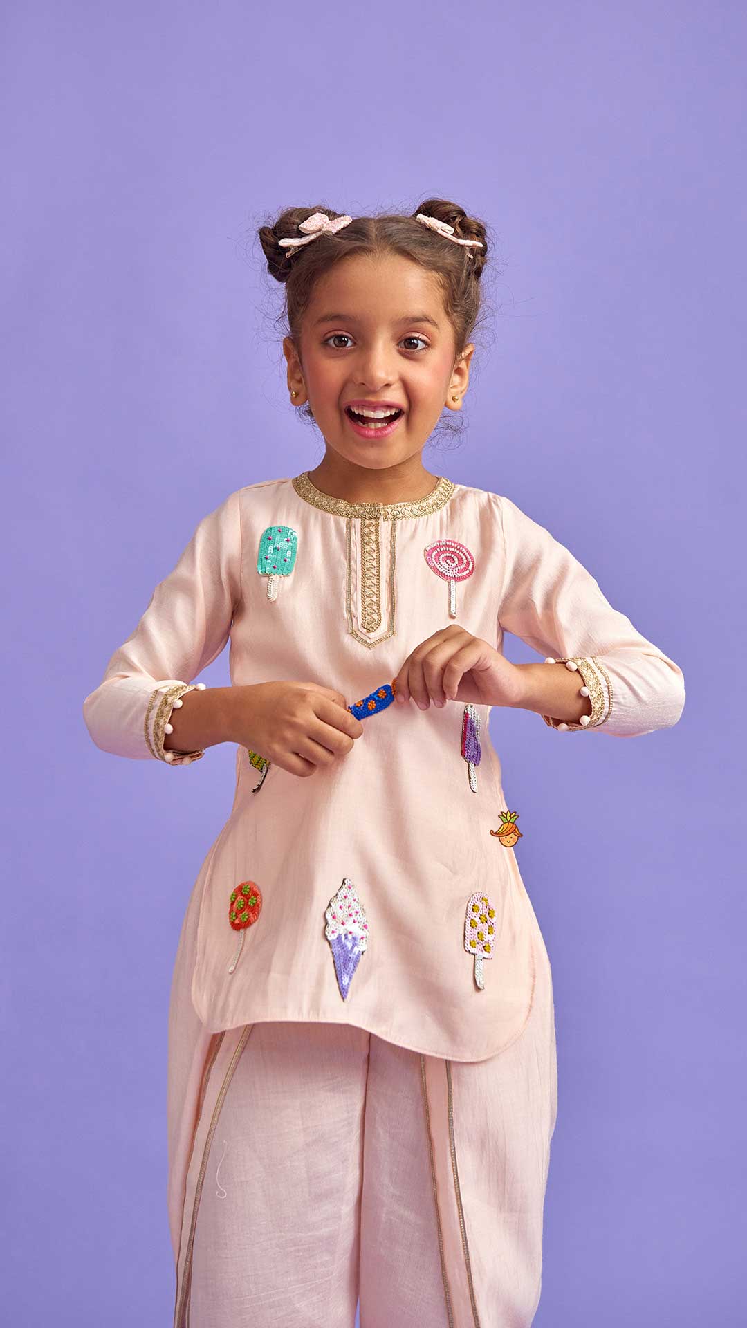 Pre Order: Candies Embroidered Peach Kurti And Tulip Pant With Organza Ruffle Dupatta