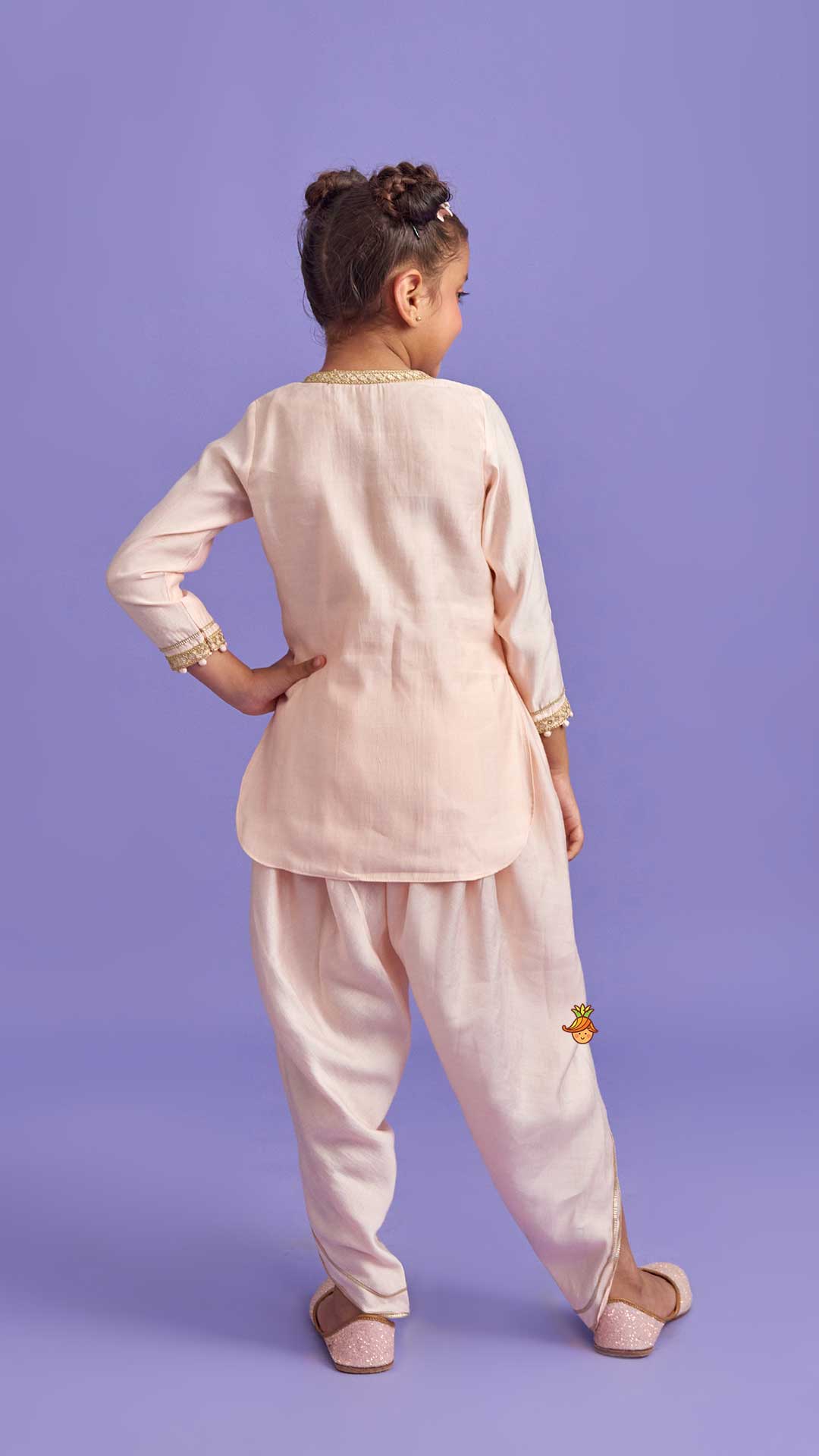 Pre Order: Candies Embroidered Peach Kurti And Tulip Pant With Organza Ruffle Dupatta