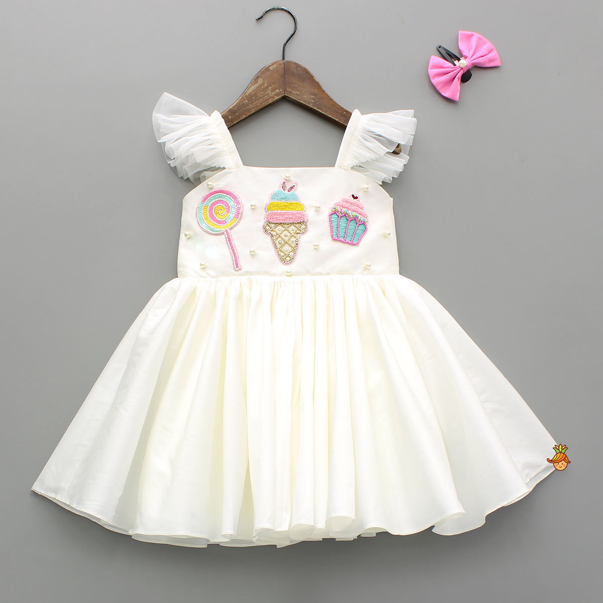 Pre Order: Off White Candies Embroidered Dress With Contrasting Pink Hair Clip