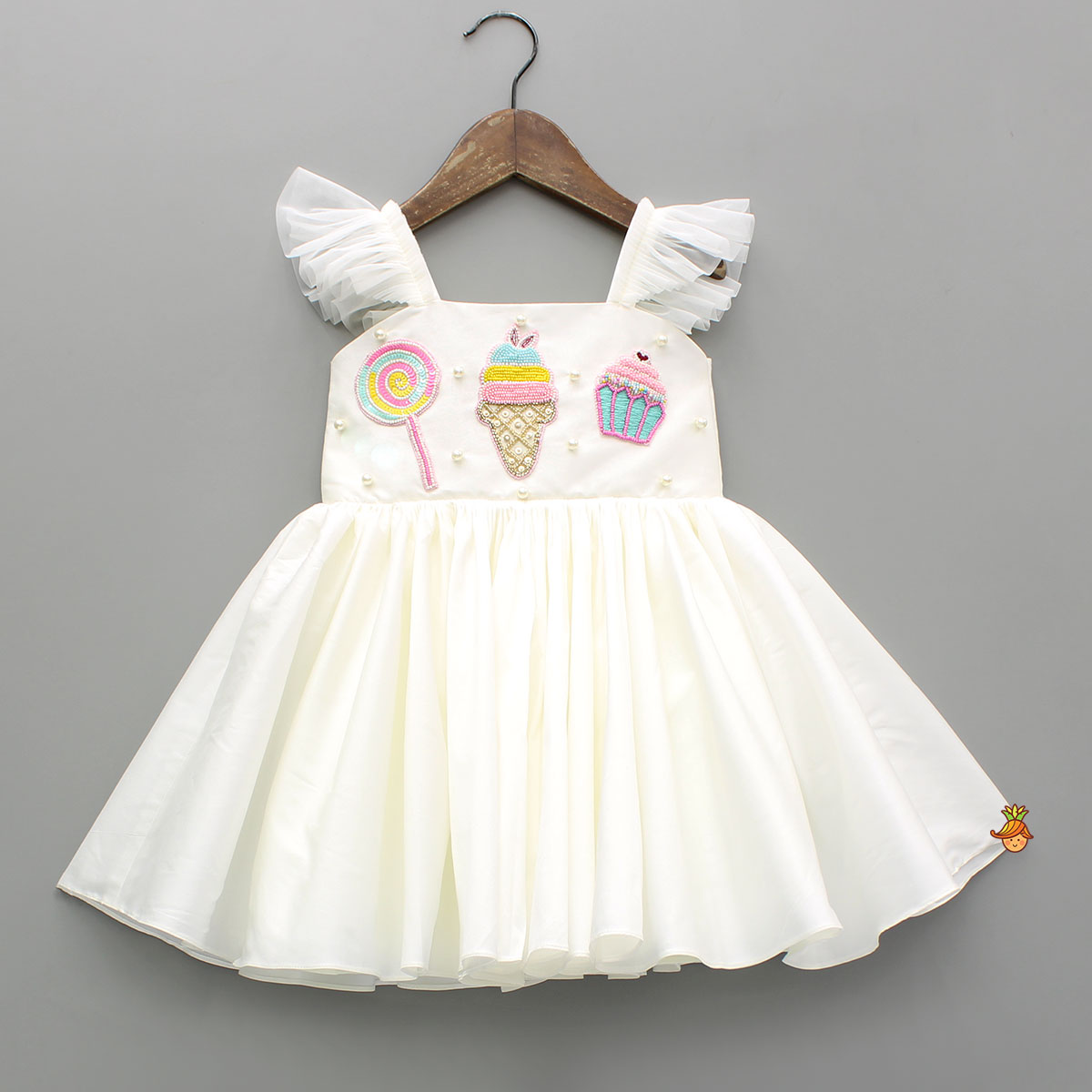Pre Order: Off White Candies Embroidered Dress With Contrasting Pink Hair Clip