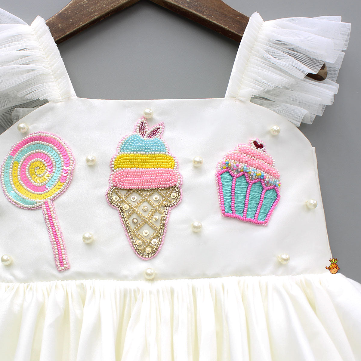 Pre Order: Off White Candies Embroidered Dress With Contrasting Pink Hair Clip