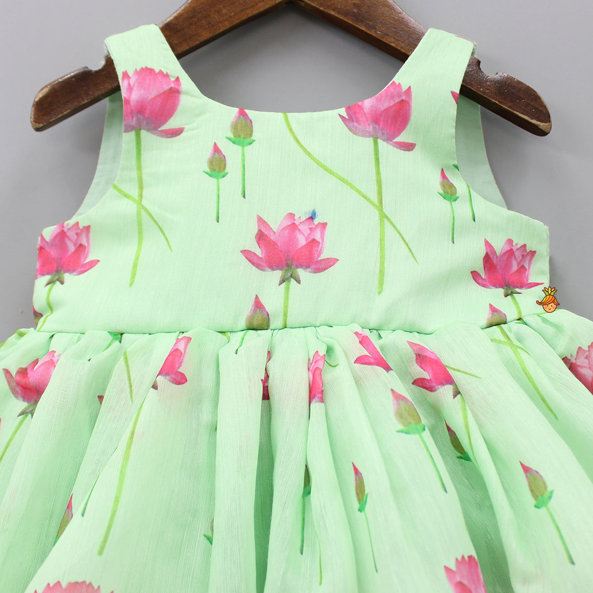 Floral Printed Green Dress With Contrasting Back Bow