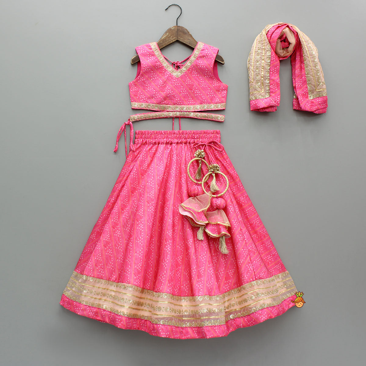 Pre Order: Elegant Pink Top And Fringes Tassels Detail Lehenga With Matching Dupatta