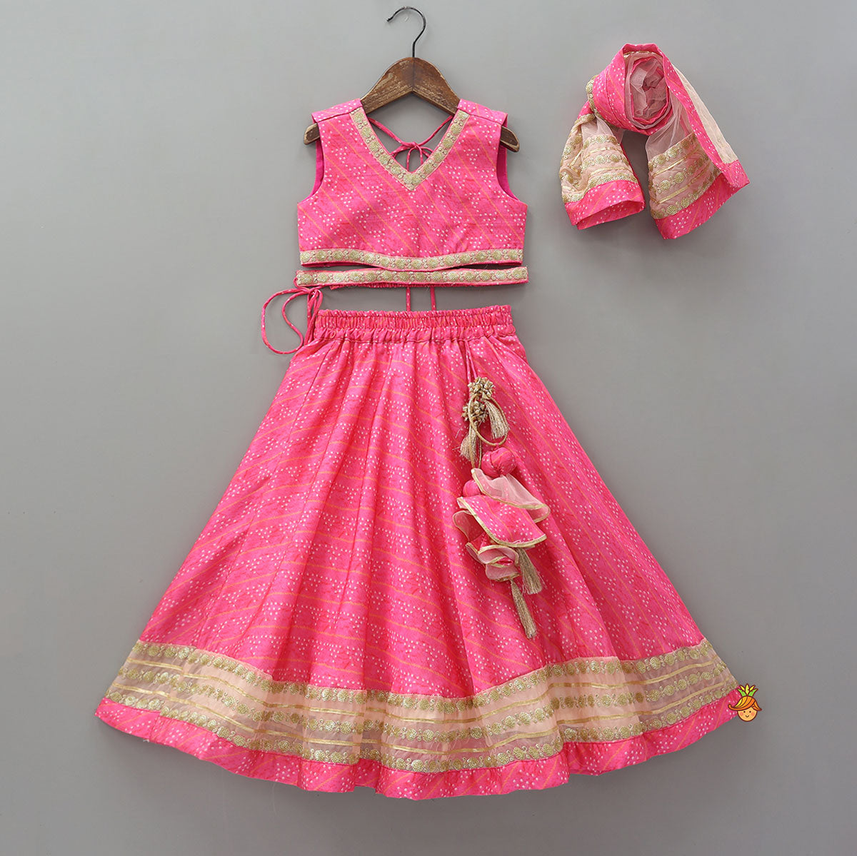 Pre Order: Elegant Pink Top And Fringes Tassels Detail Lehenga With Matching Dupatta