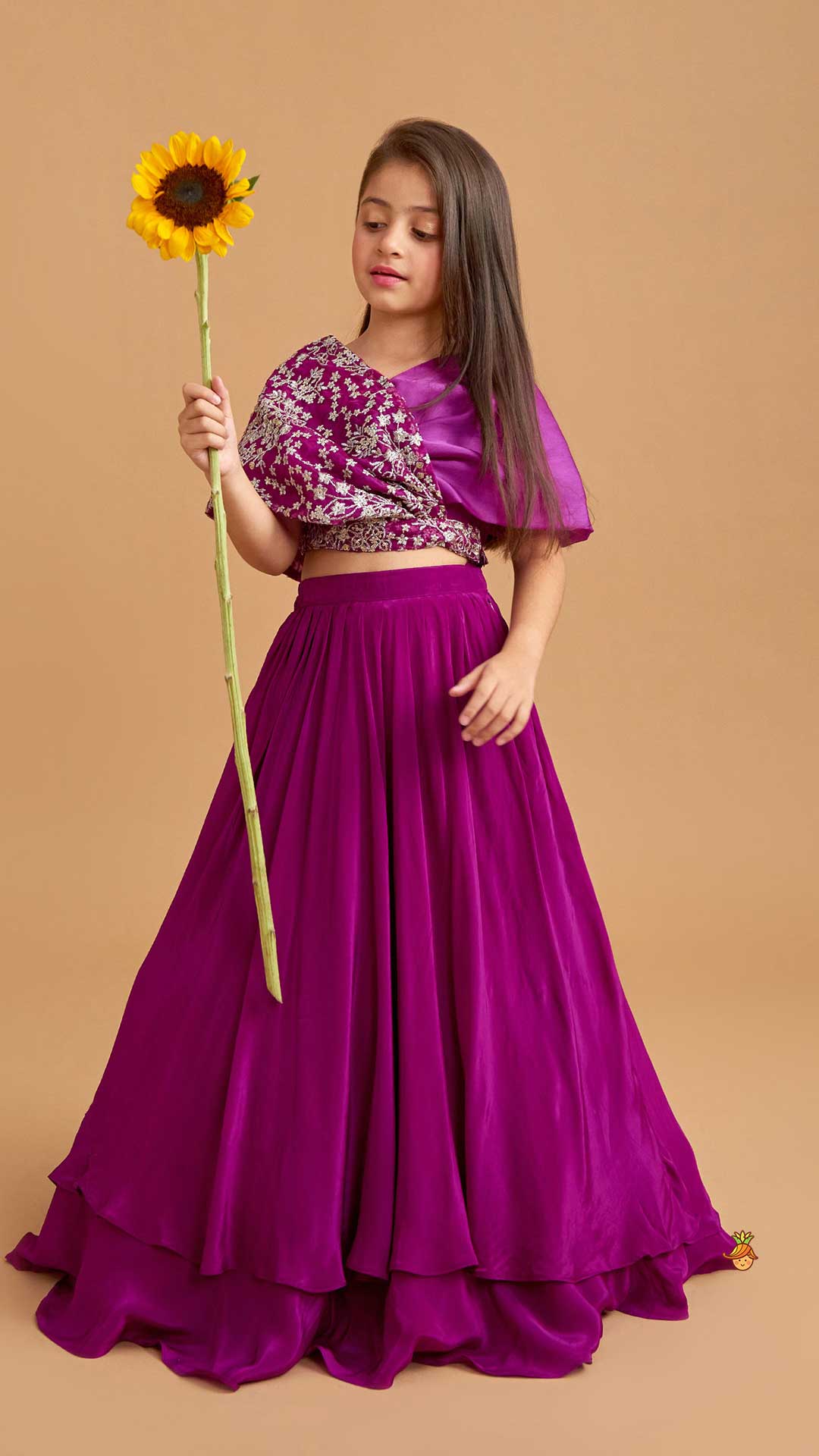 Pre Order: Stylish Overlap Purple Top And Layered Lehenga