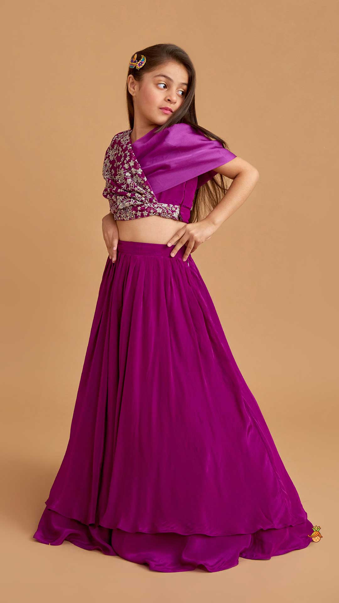 Pre Order: Stylish Overlap Purple Top And Layered Lehenga