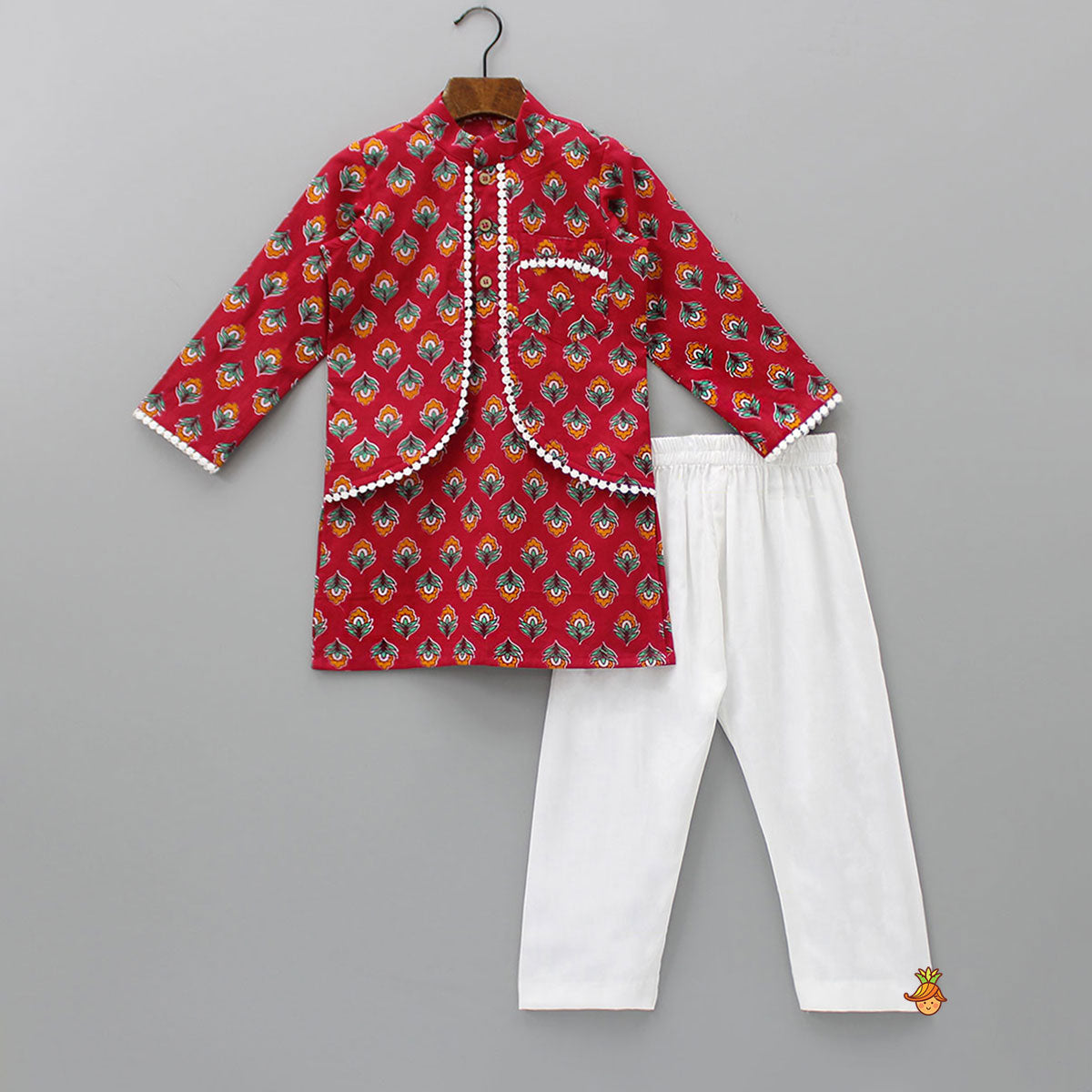 Pre Order: Jacket Style Red Printed Kurta And Pyjama