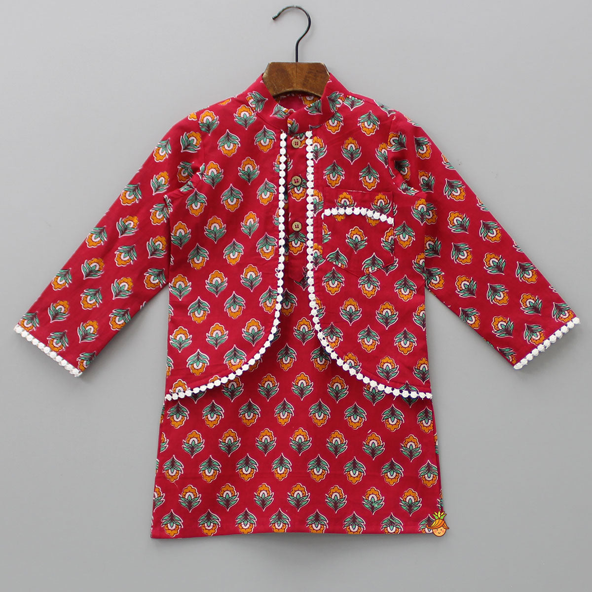 Pre Order: Jacket Style Red Printed Kurta And Pyjama