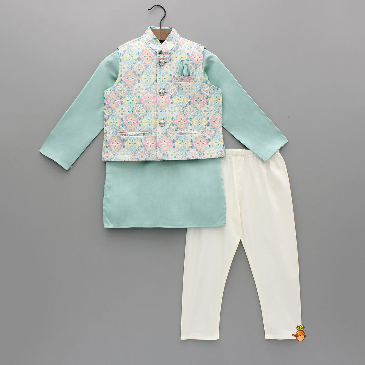 Ethnic Green Kurta With Exquisite Sequins Work Jacket And Pyjama