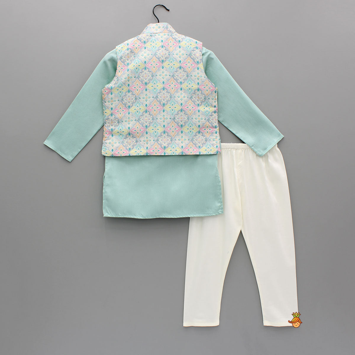 Ethnic Green Kurta With Exquisite Sequins Work Jacket And Pyjama