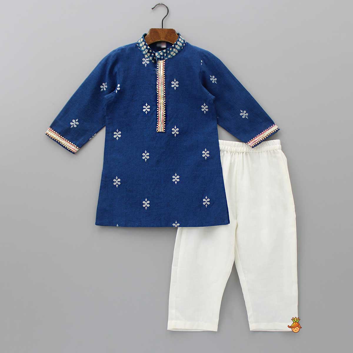 Blue Gota Lace Work Placket Kurta And Pyjama