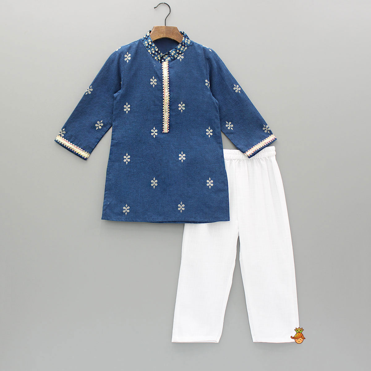 Blue Gota Lace Work Placket Kurta And Pyjama