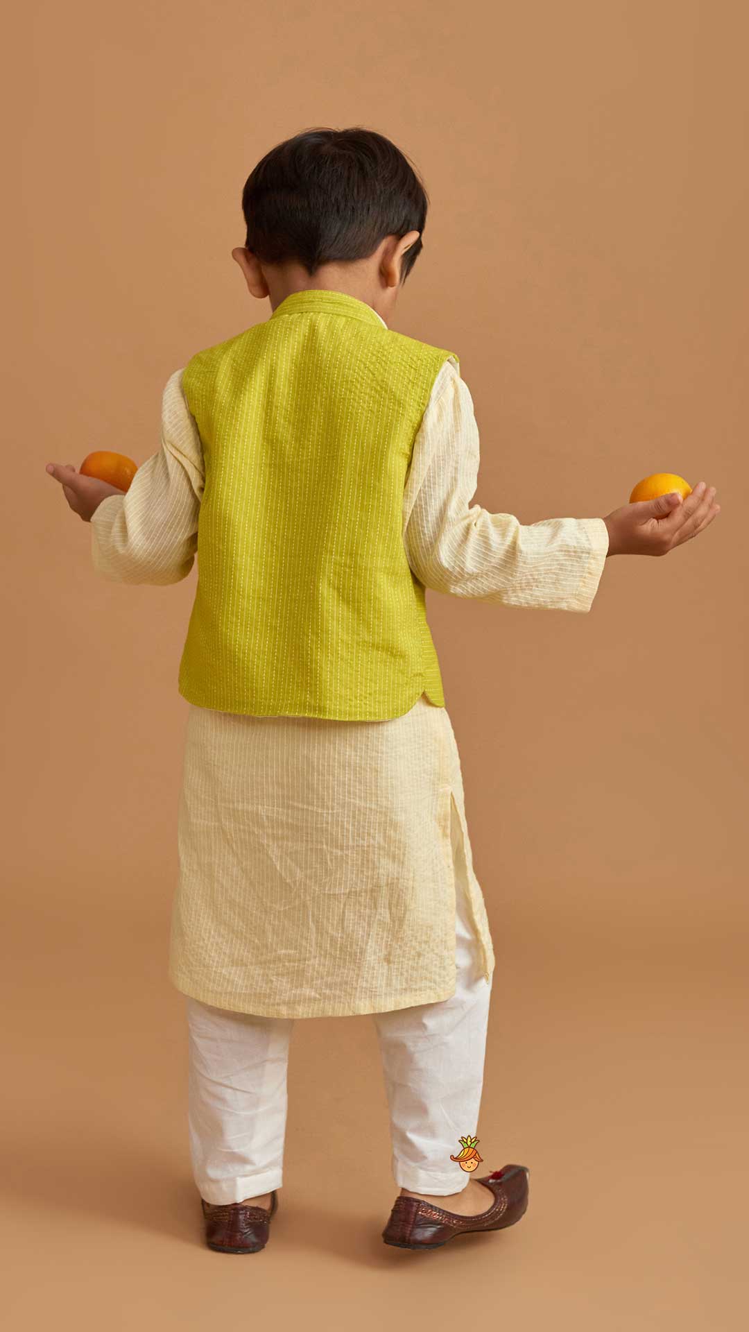 Pre Order: Cotton Cream Kurta With Green Jacket And Pocket Detail Pyjama