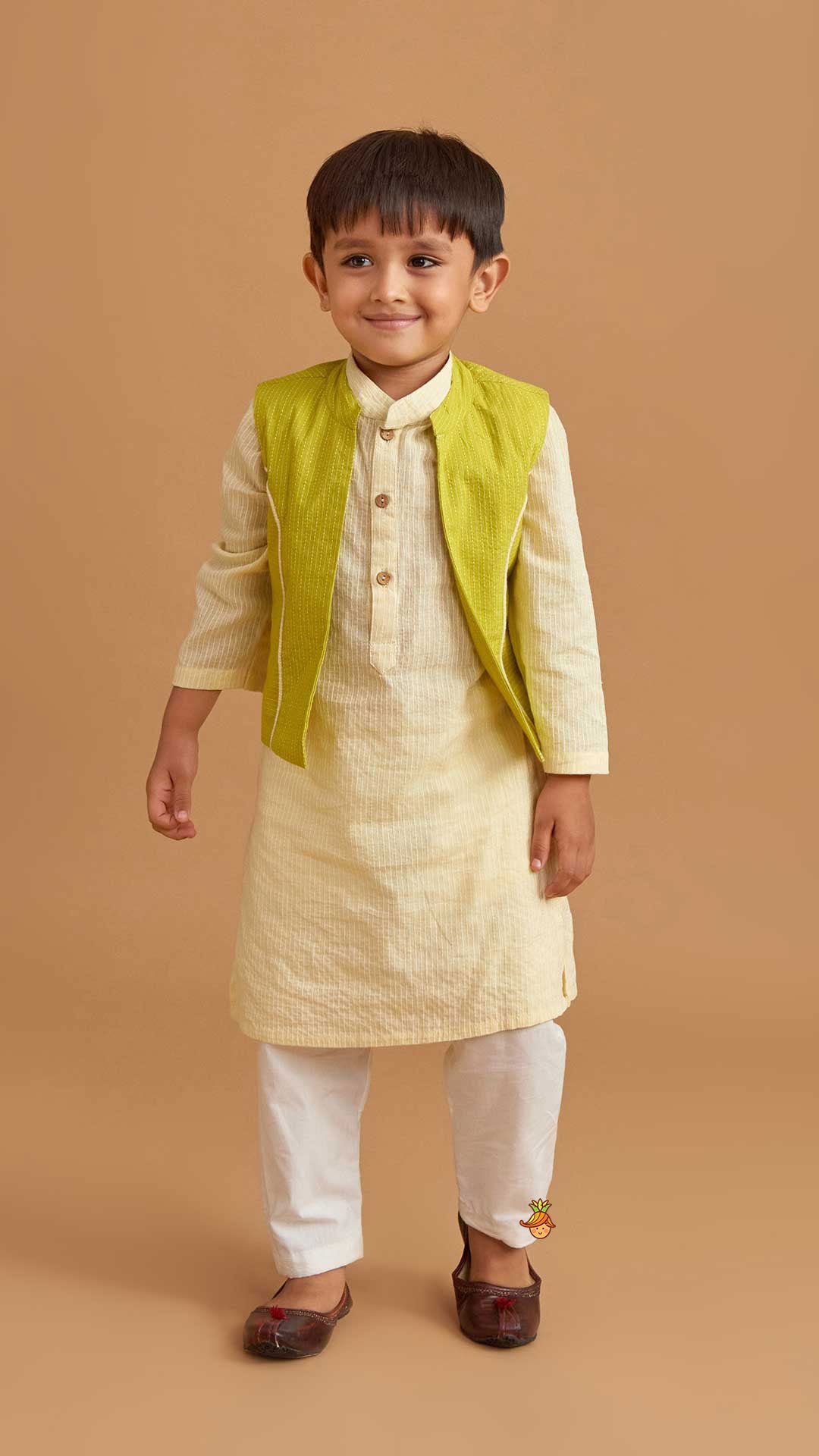 Pre Order: Cotton Cream Kurta With Green Jacket And Pocket Detail Pyjama